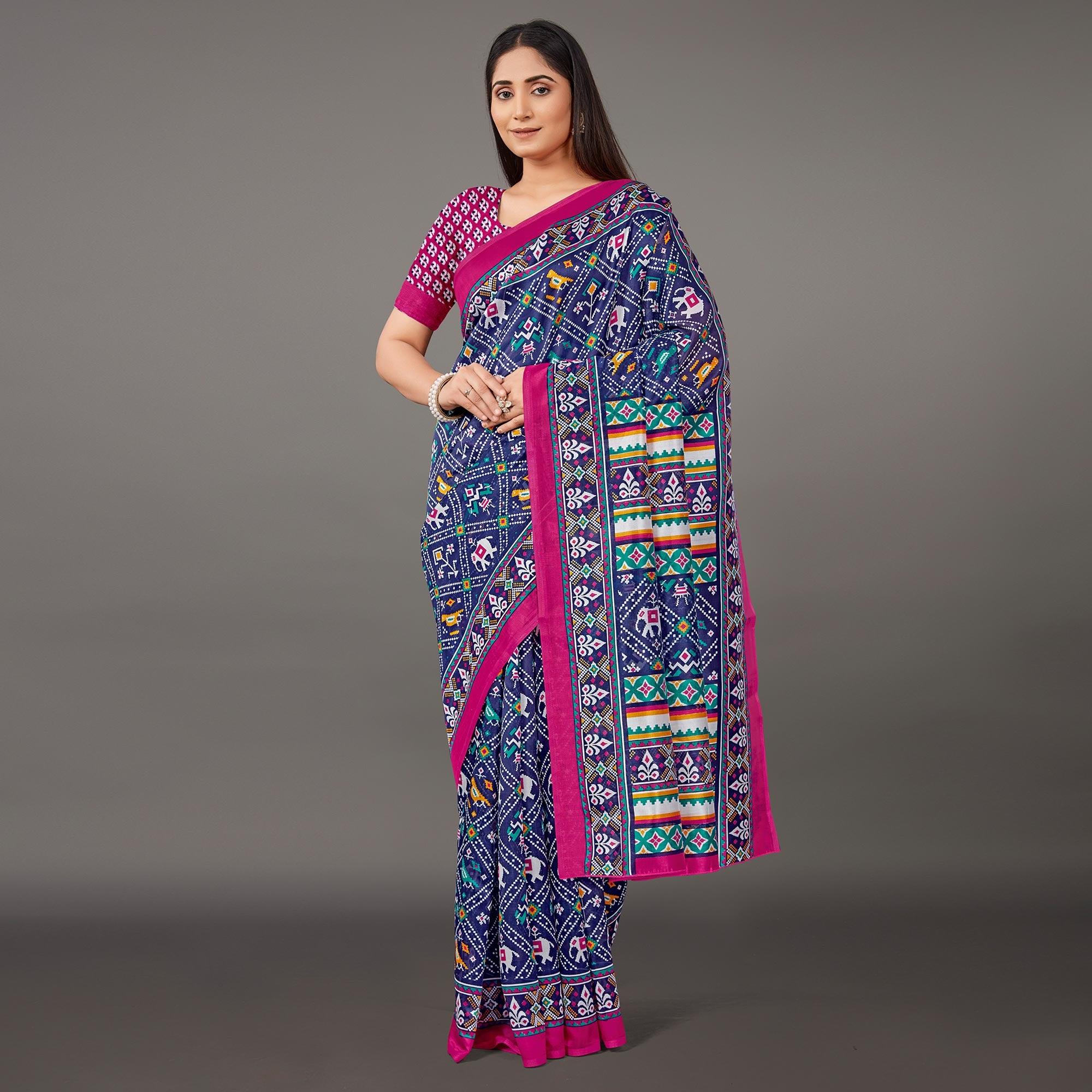 Navy Blue Casual Wear Animal Printed Art Silk Saree - Peachmode