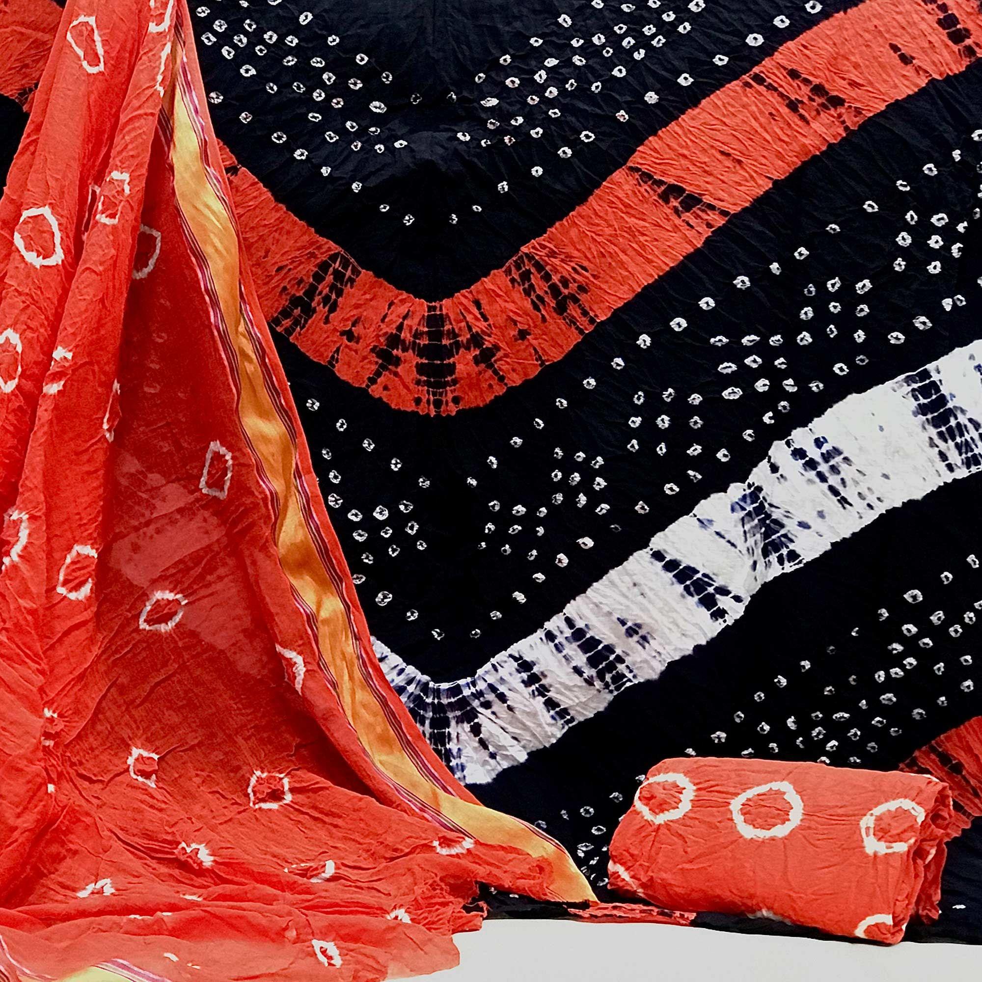 Navy Blue Casual Wear Bandhani Printed Cotton Dress Material - Peachmode