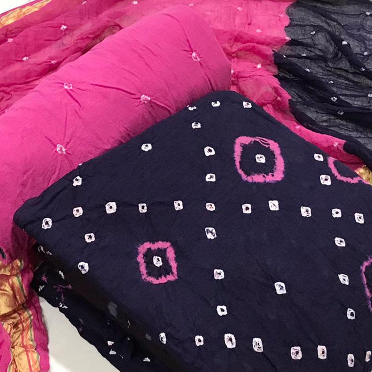 Navy Blue Casual Wear Bandhani Printed Pure Cotton Dress Material - Peachmode