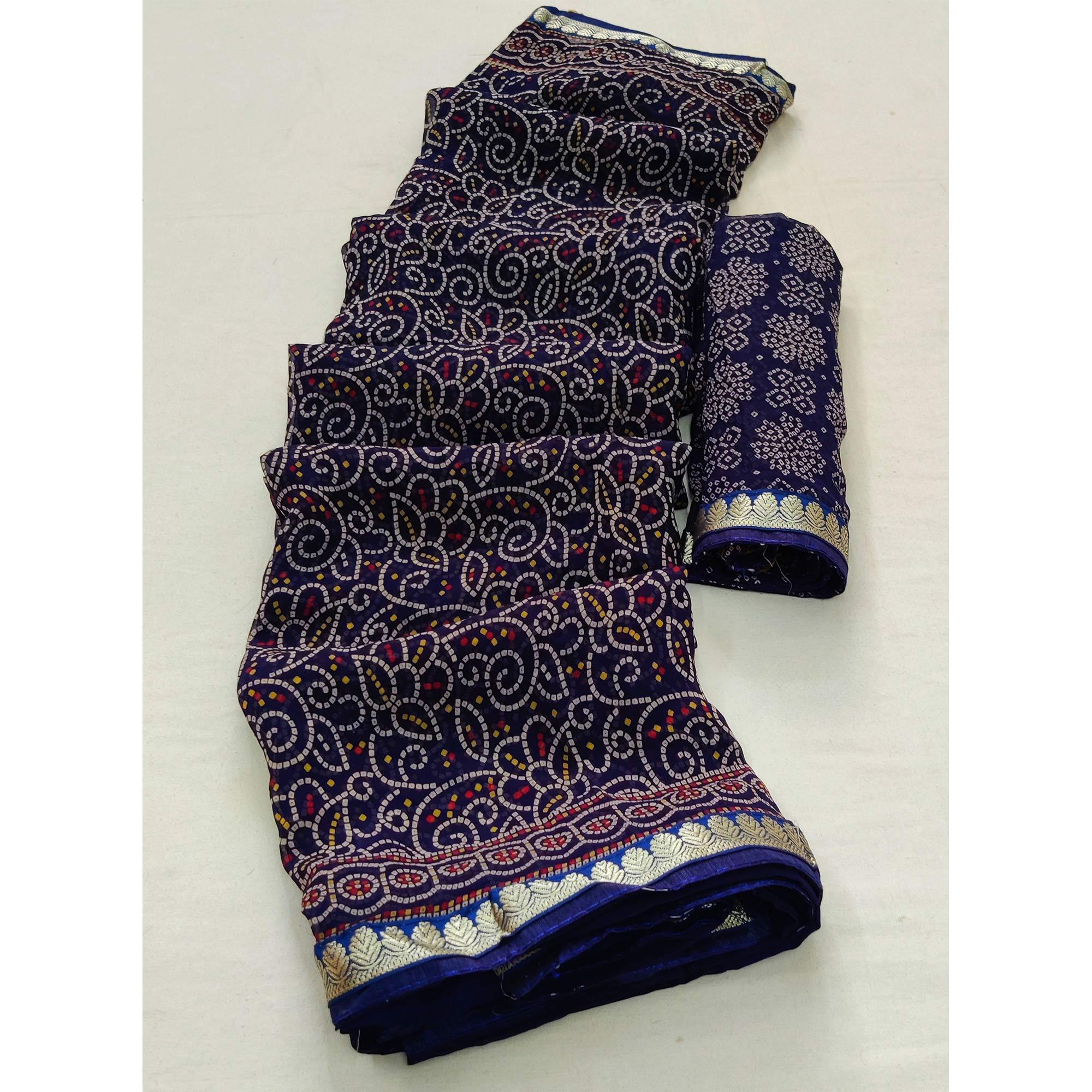 Navy Blue Casual Wear Bandhani Printed Soft Georgette Saree With Fancy Border - Peachmode