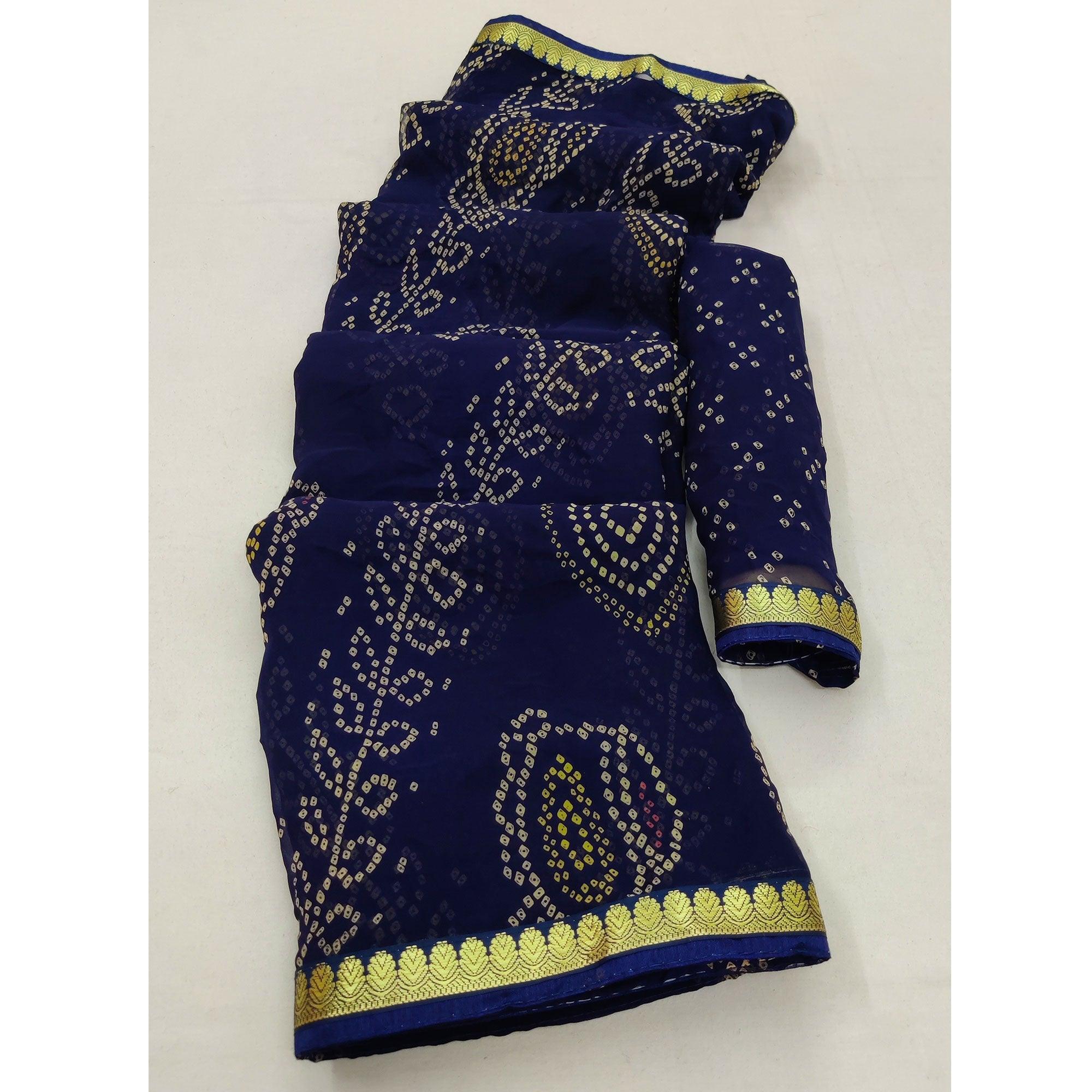 Navy Blue Casual Wear Bandhani Printed Soft Georgette Saree With Fancy Border - Peachmode