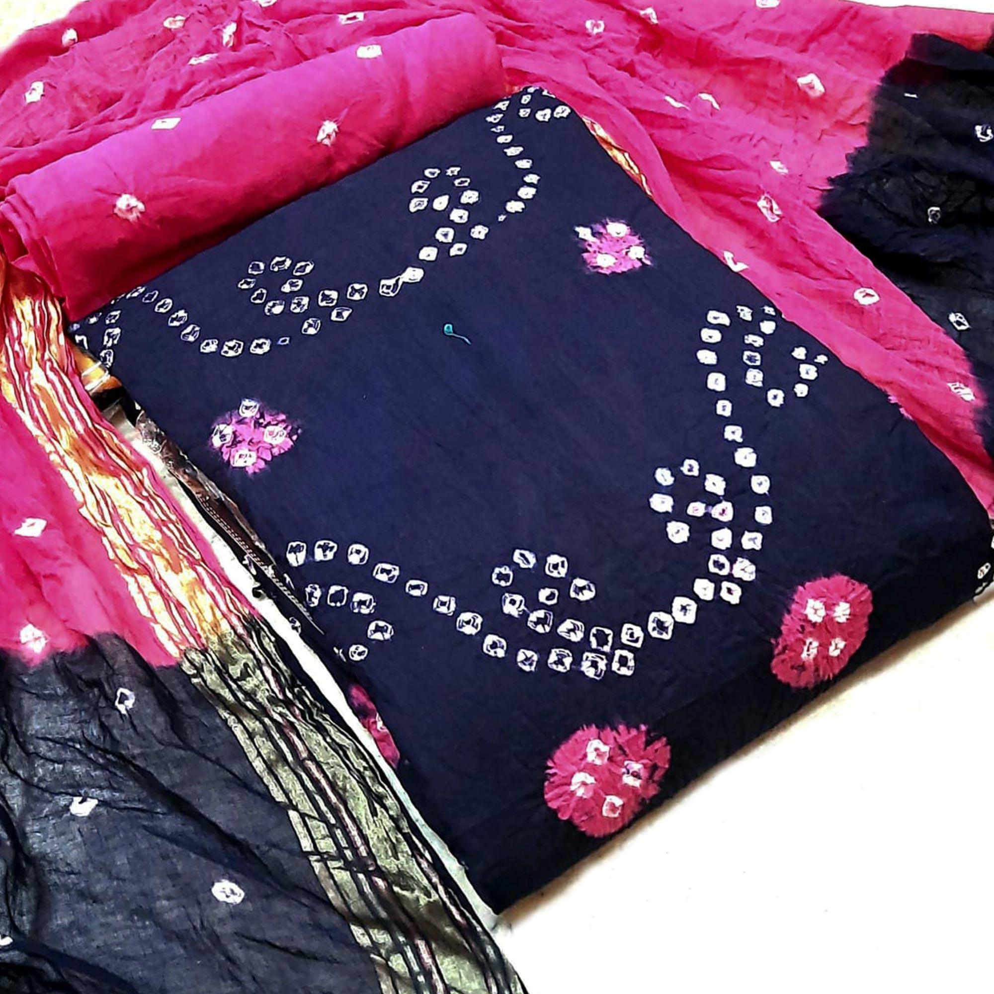 Navy Blue Casual Wear Bandhej And Woven Pure Cotton Dress Material - Peachmode