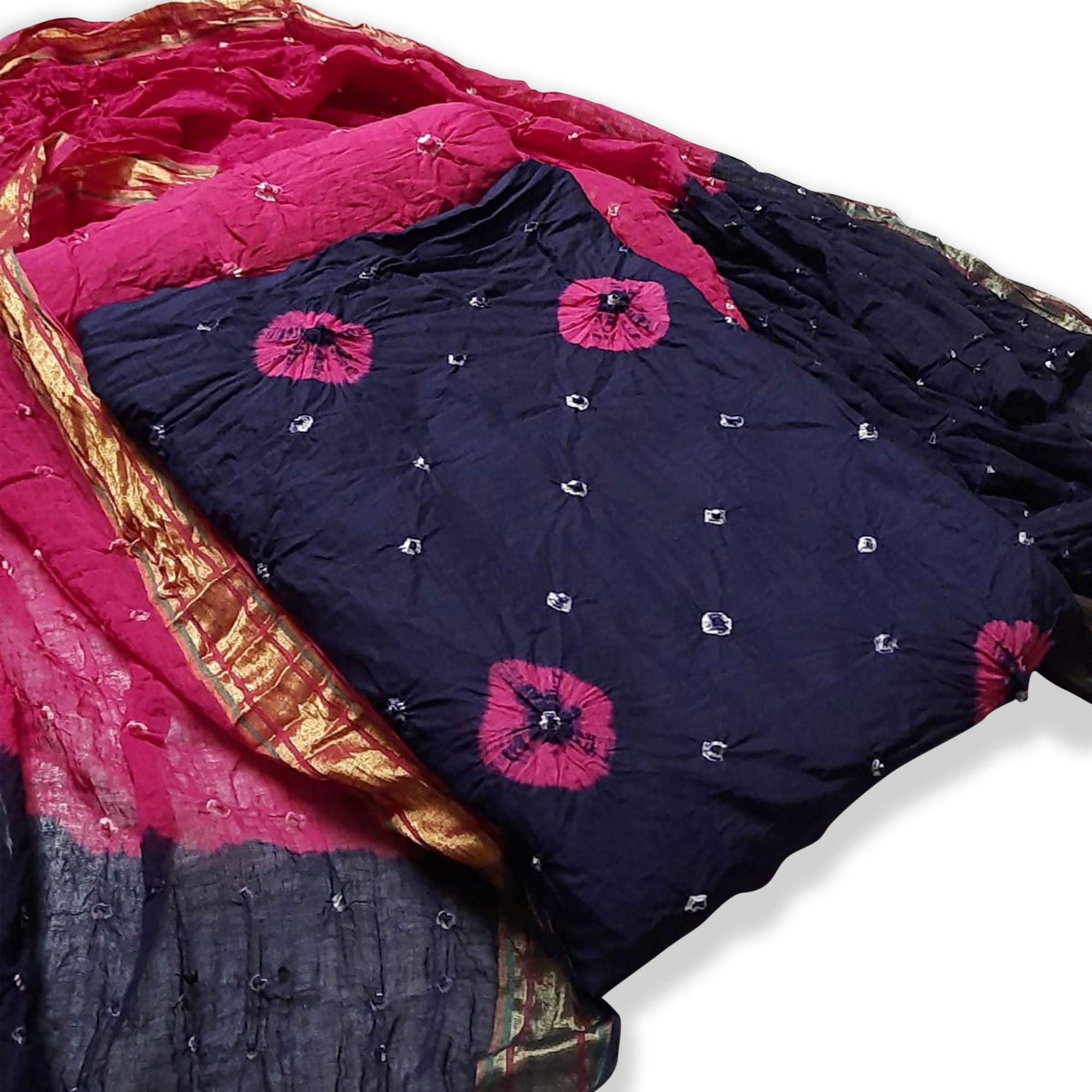 Navy Blue Casual Wear Bandhej And Woven Pure Cotton Dress Material - Peachmode