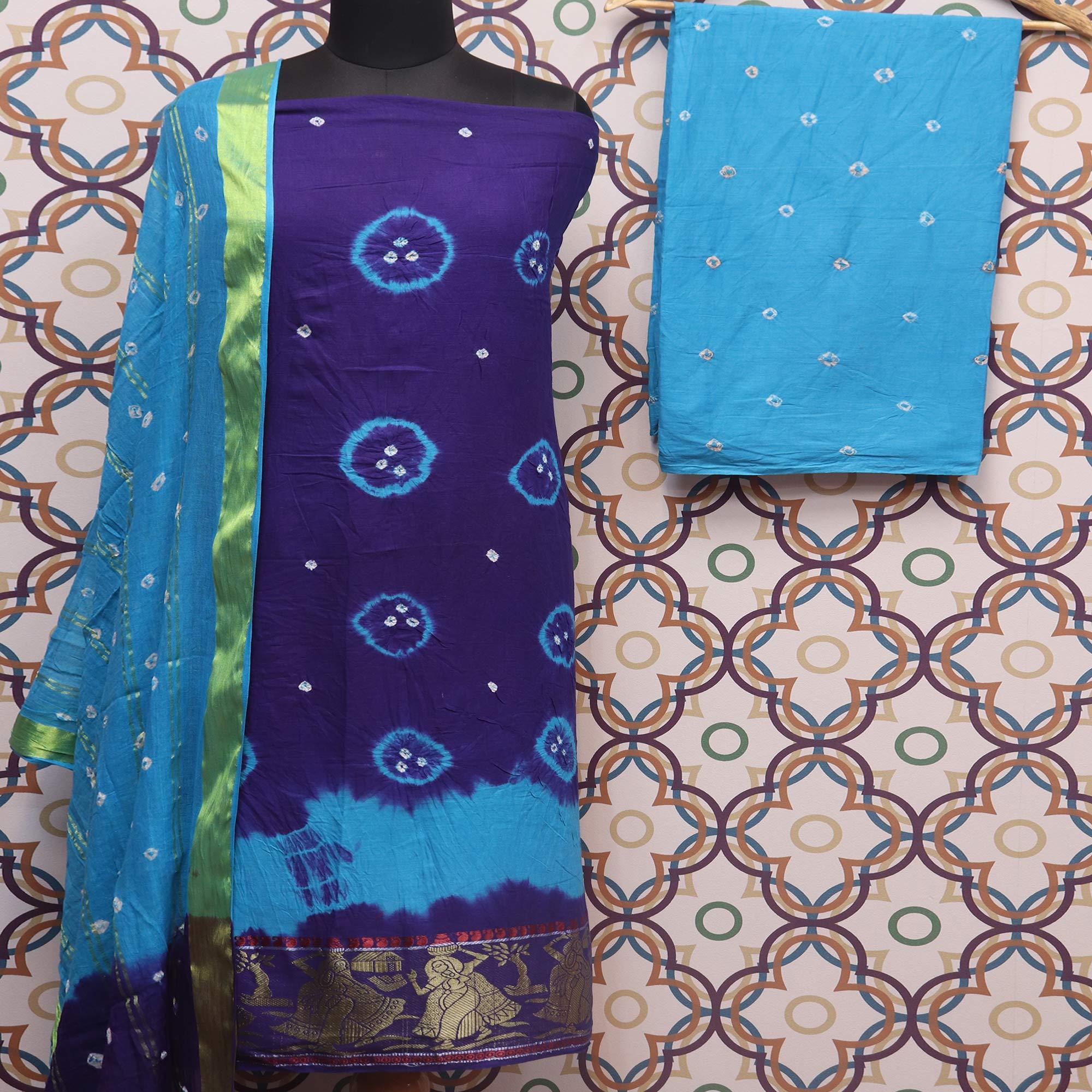 Navy Blue Casual Wear Bandhej And Woven Pure Cotton Dress Material - Peachmode