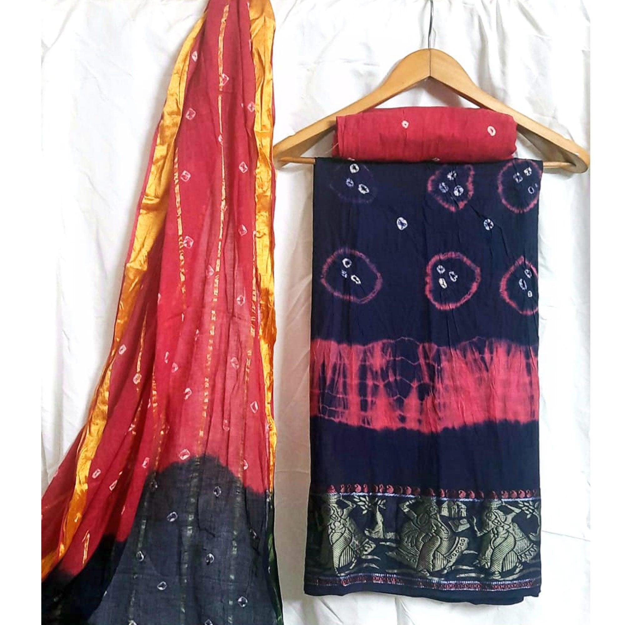 Navy Blue Casual Wear Bandhej And Woven Pure Cotton Dress Material - Peachmode