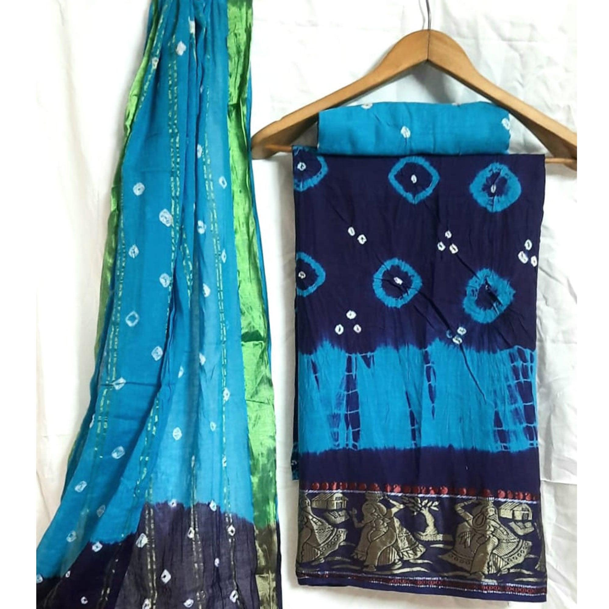 Navy Blue Casual Wear Bandhej And Woven Pure Cotton Dress Material - Peachmode