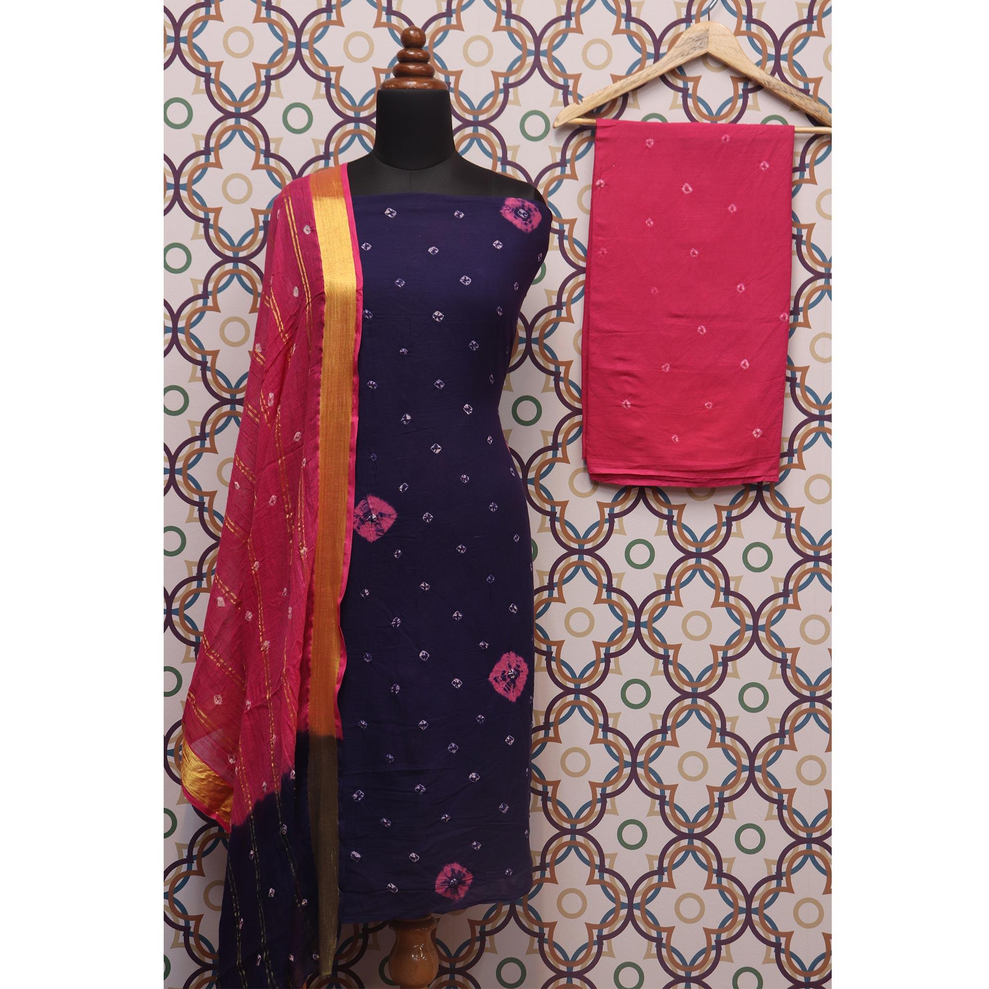 Navy Blue Casual Wear Bandhej And Woven Pure Cotton Dress Material - Peachmode