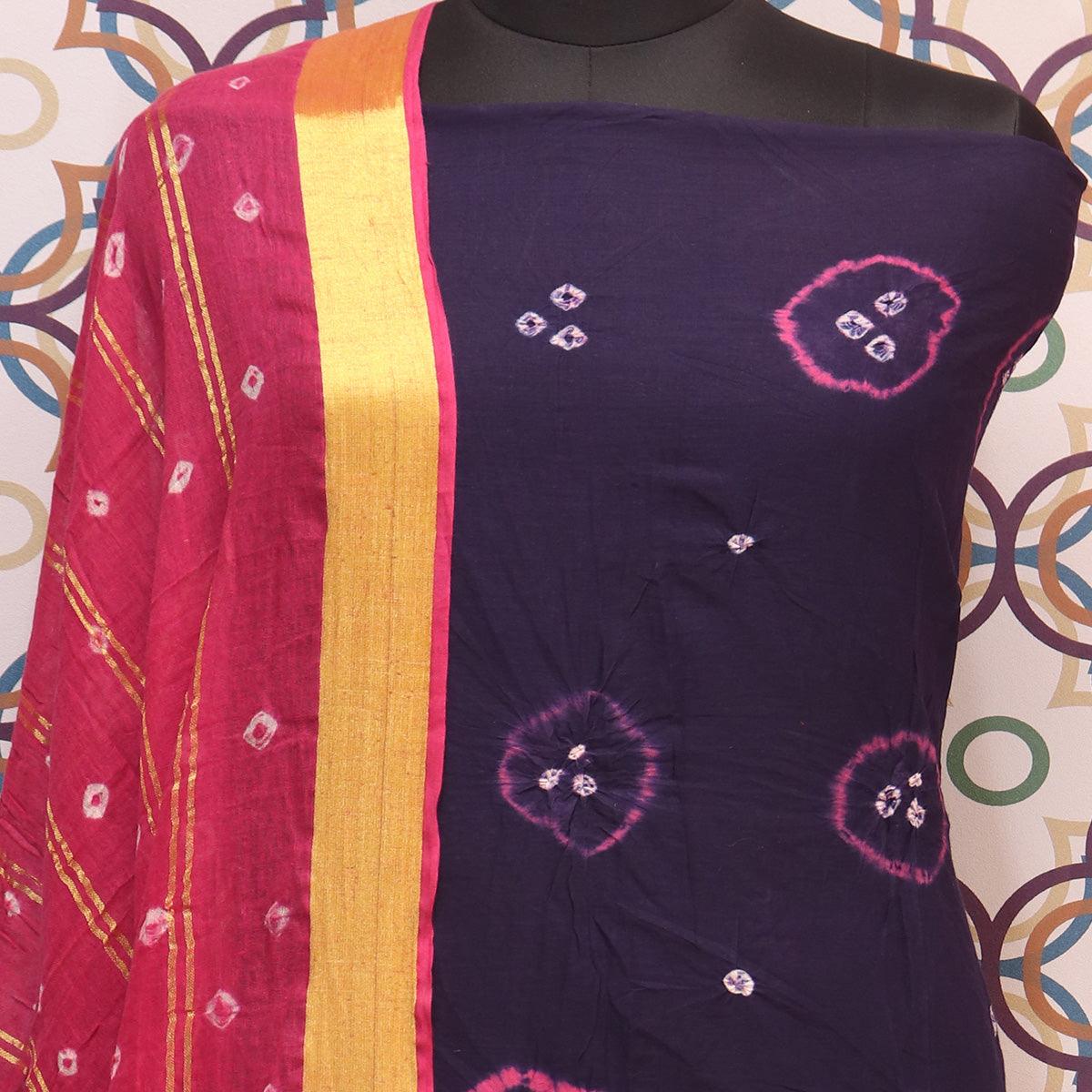 Navy Blue Casual Wear Bandhej And Woven Pure Cotton Dress Material - Peachmode