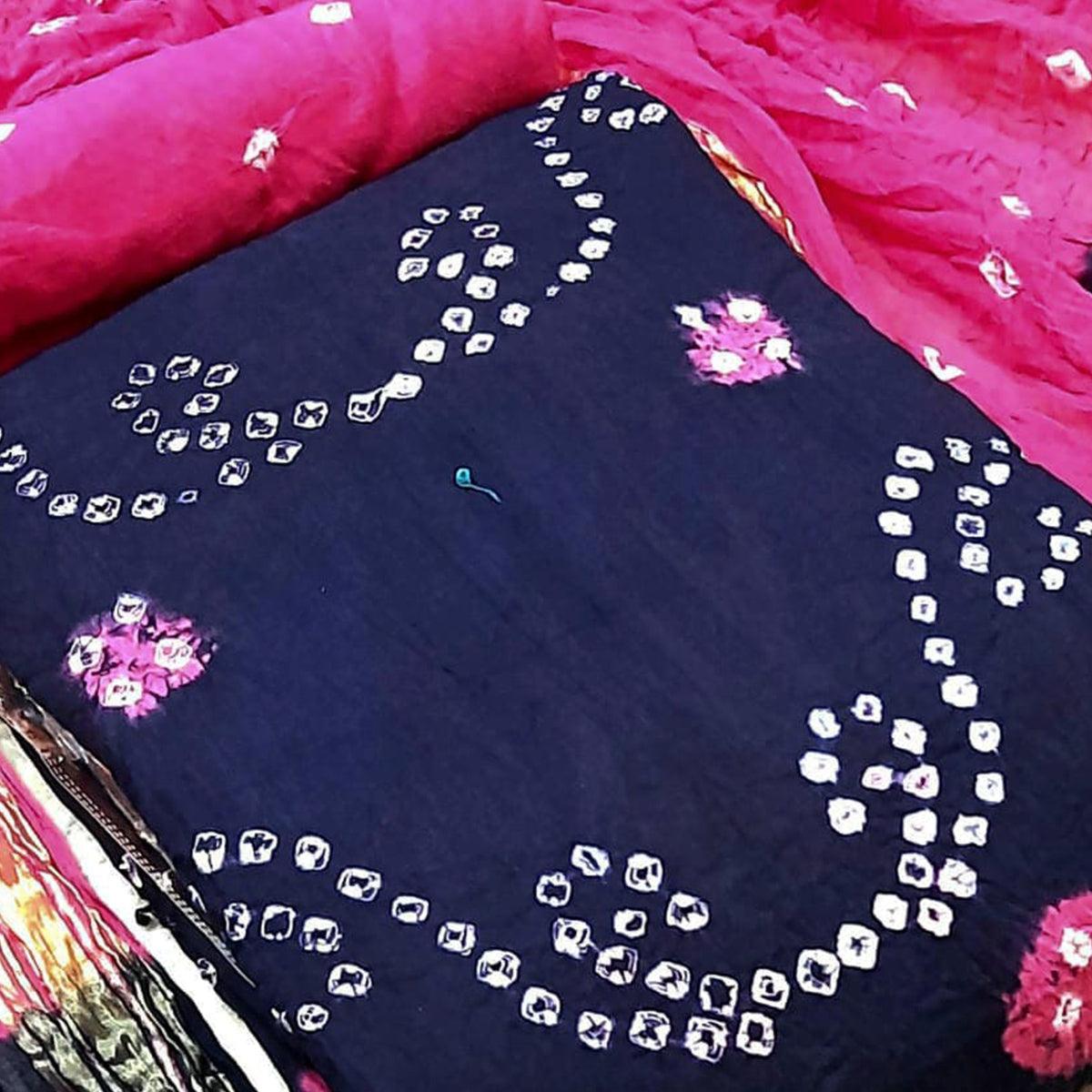 Navy Blue Casual Wear Bandhej And Woven Pure Cotton Dress Material - Peachmode