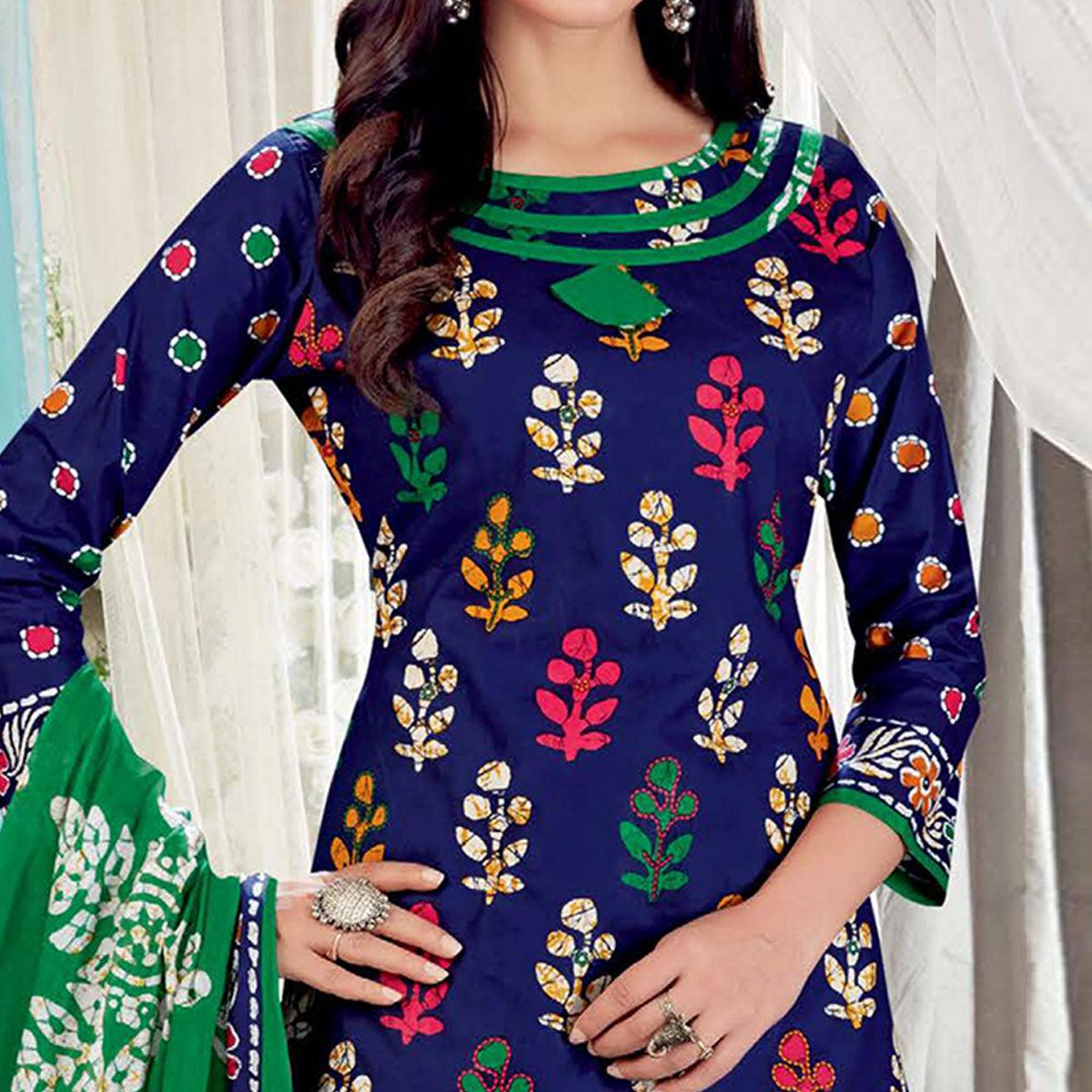 Navy Blue Casual Wear Batik Printed Cotton Patiala Dress Material - Peachmode