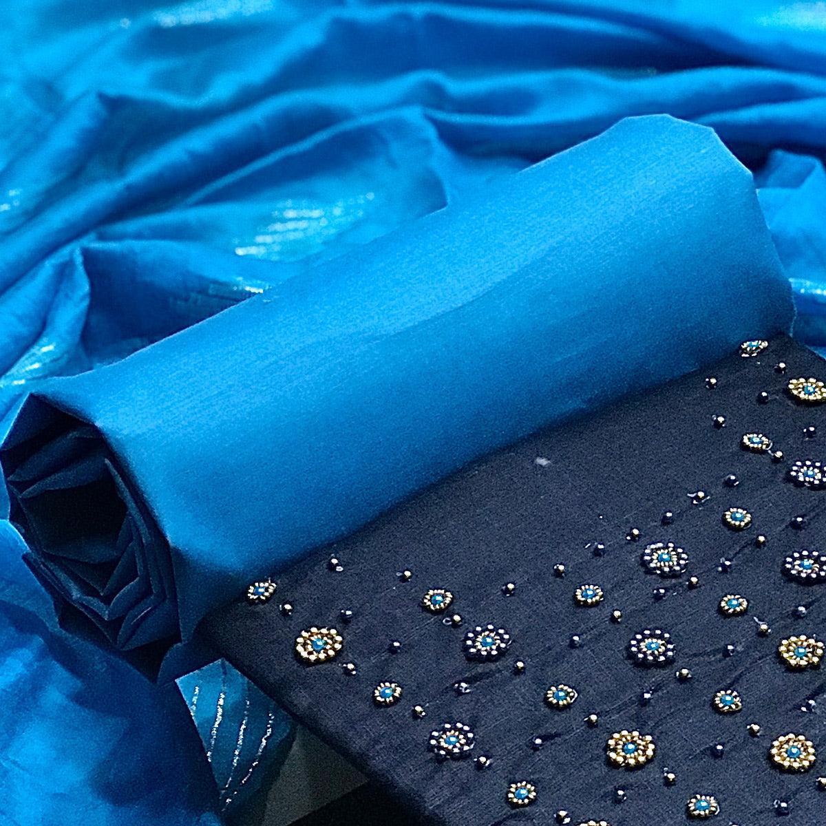 Navy Blue Casual Wear Beads Handwork Pure Cotton Dress Material - Peachmode
