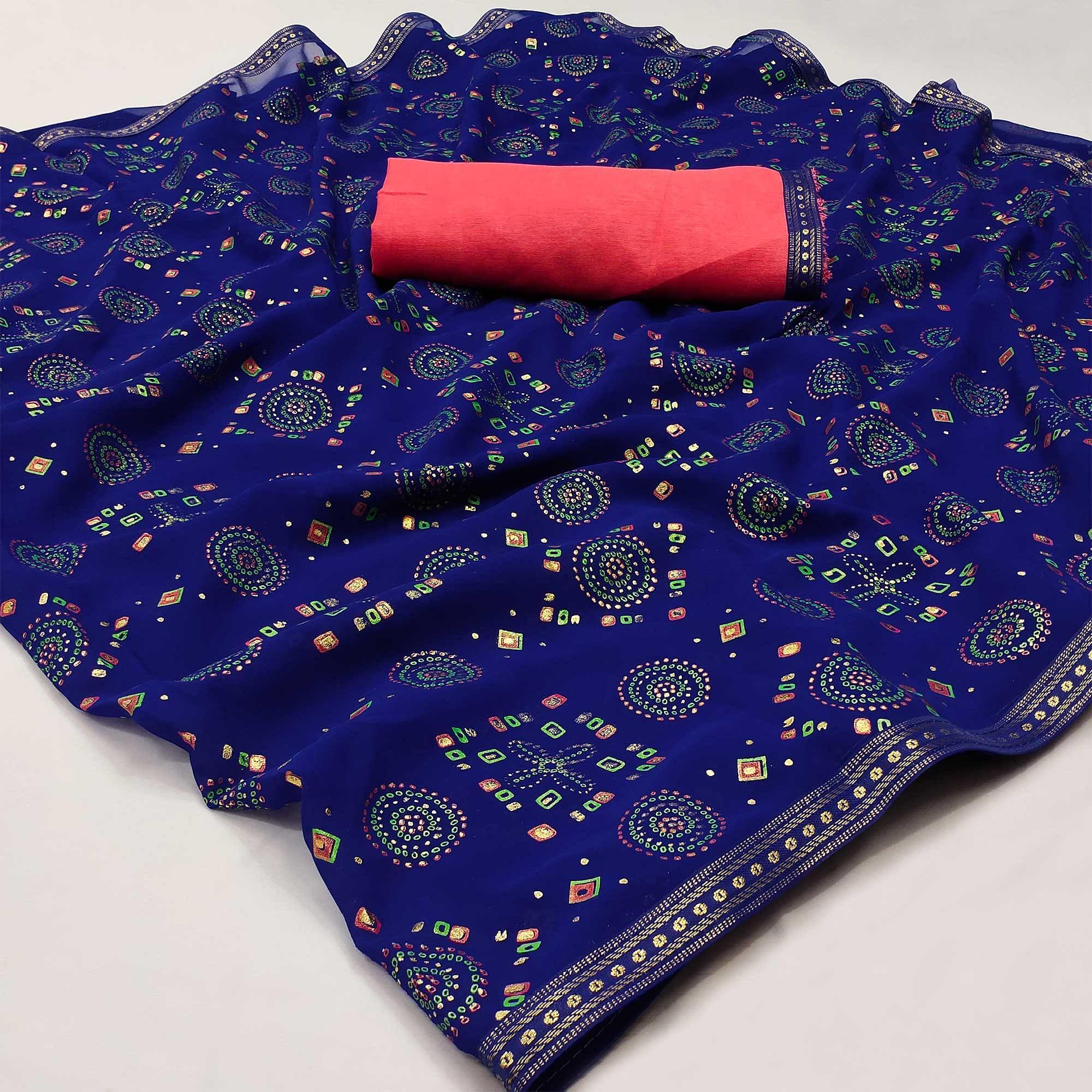 Navy blue Casual Wear Block Printed With Foil Work Georgette Saree - Peachmode