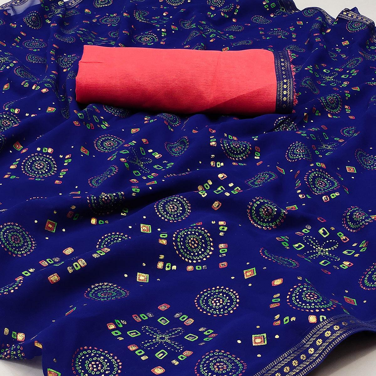 Navy blue Casual Wear Block Printed With Foil Work Georgette Saree - Peachmode