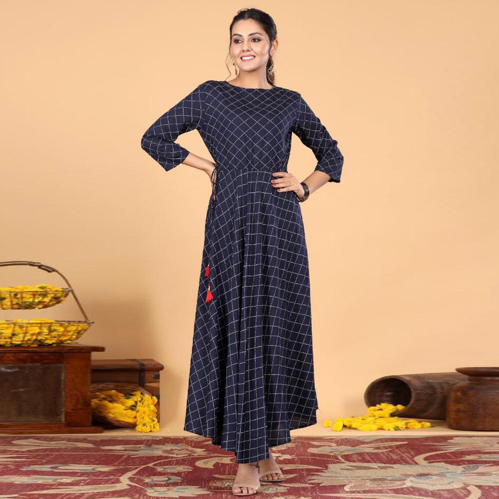 Navy Blue Casual Wear Checks Printed Rayon Long Kurti - Peachmode