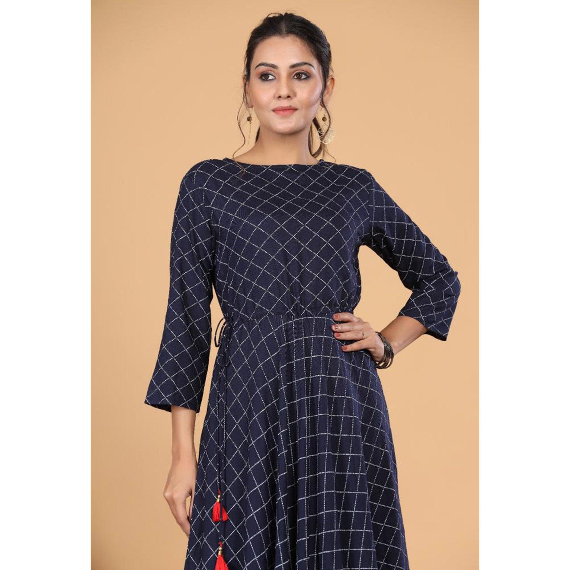 Navy Blue Casual Wear Checks Printed Rayon Long Kurti - Peachmode