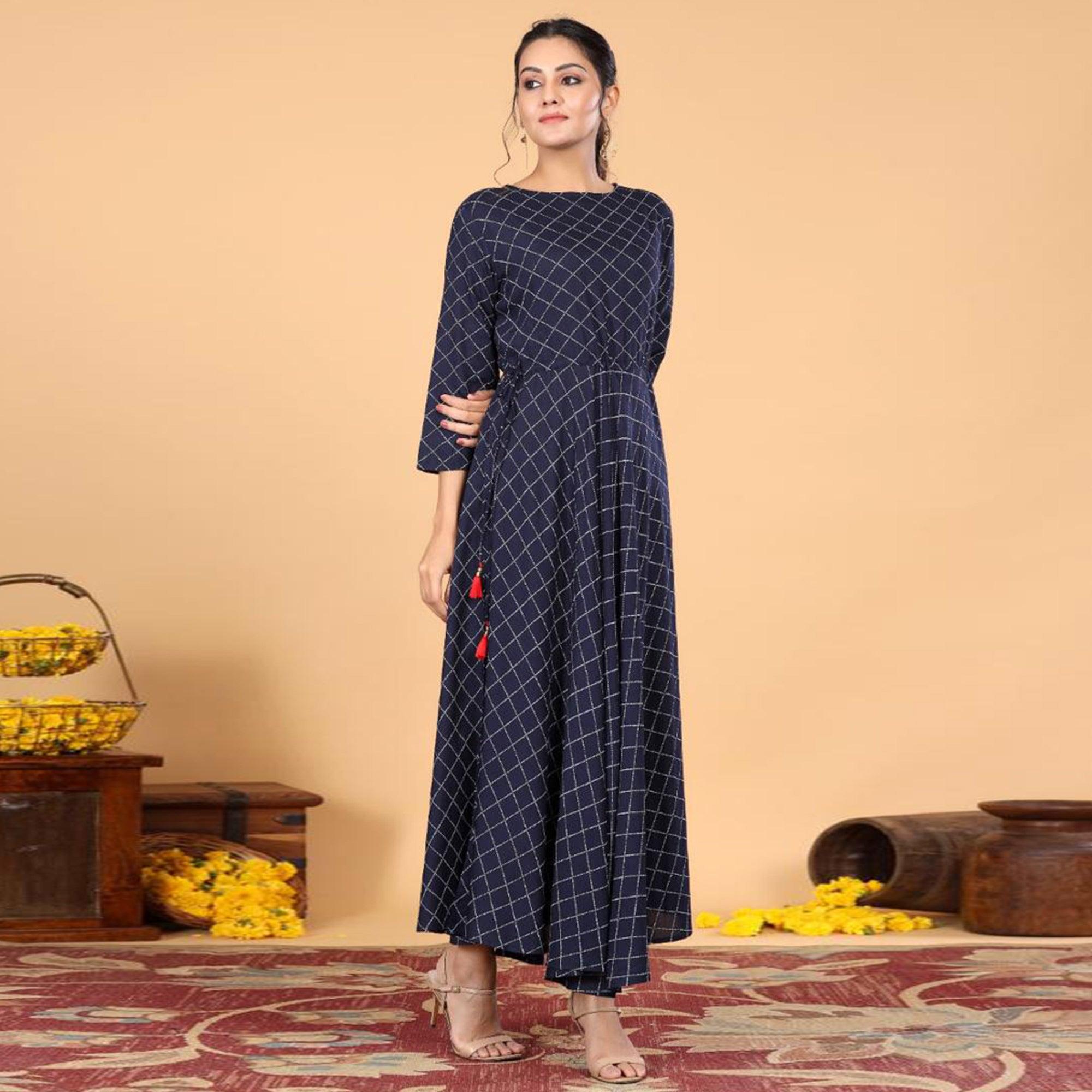 Navy Blue Casual Wear Checks Printed Rayon Long Kurti - Peachmode