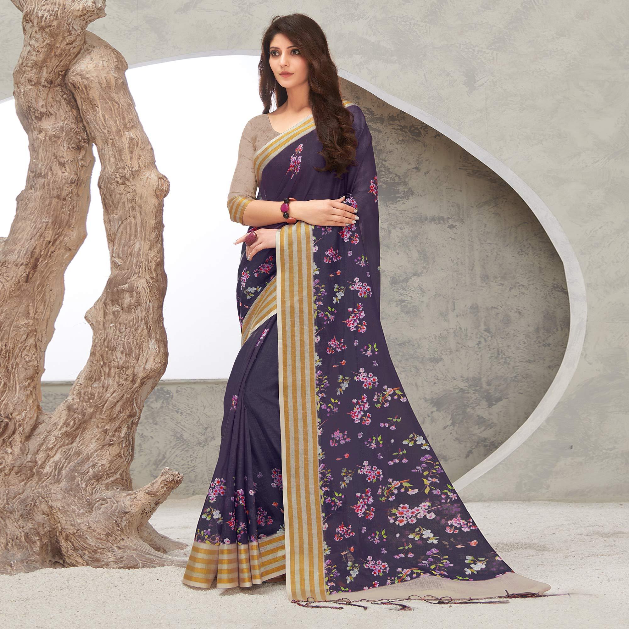 Navy Blue Casual Wear Digital Printed Pure Linen Saree - Peachmode
