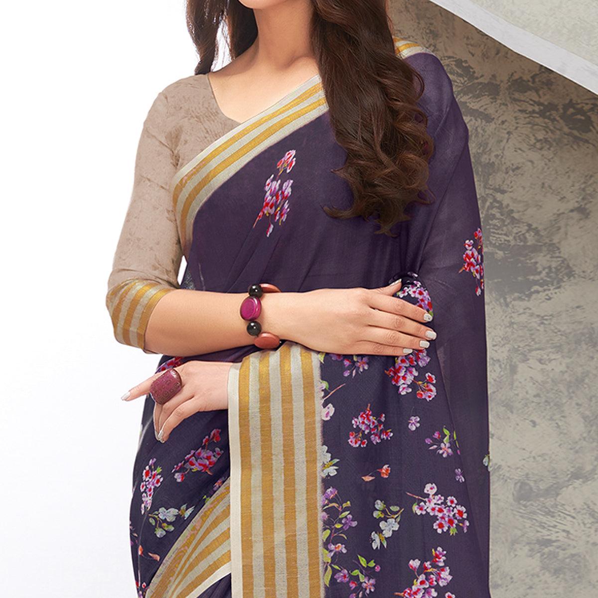 Navy Blue Casual Wear Digital Printed Pure Linen Saree - Peachmode