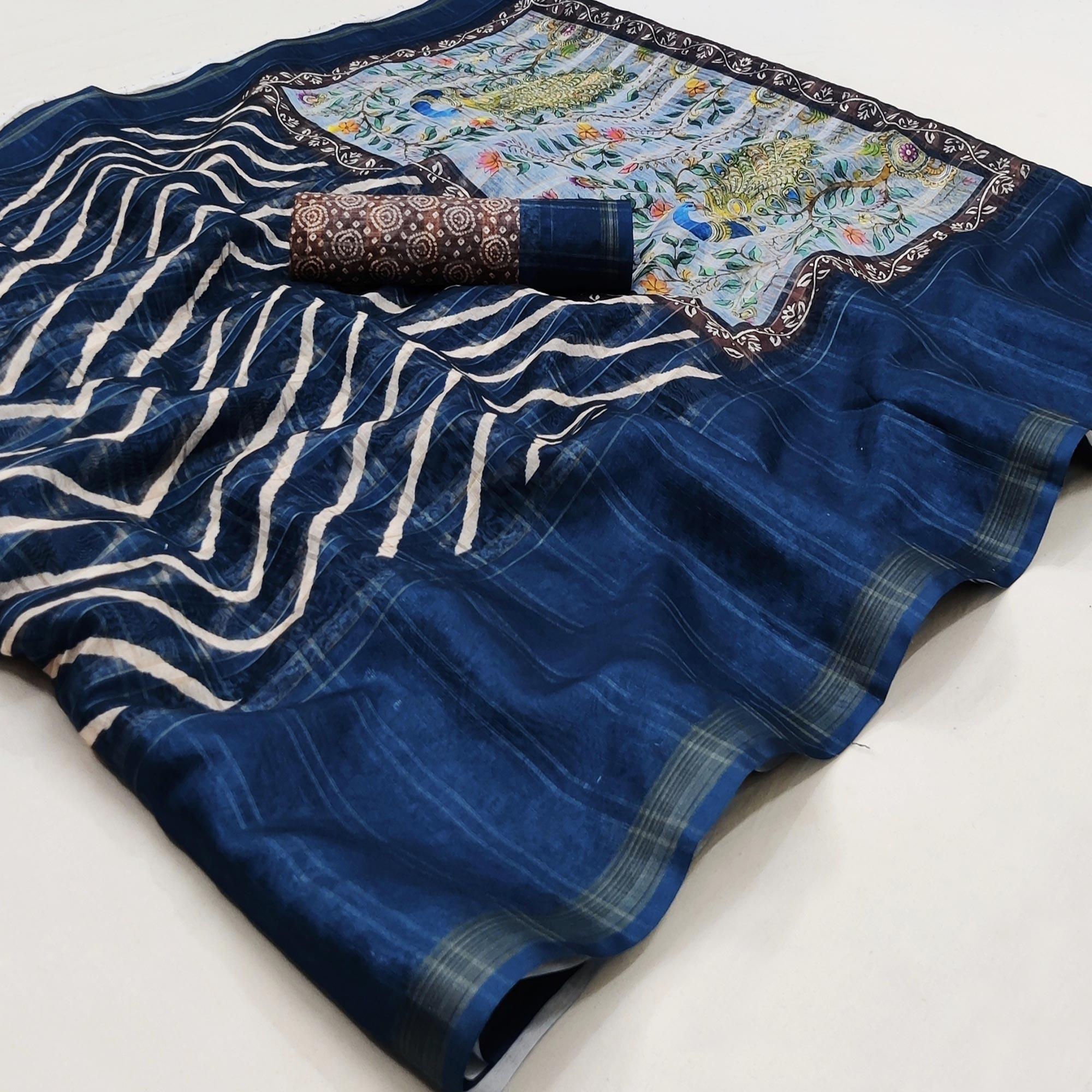 Navy Blue Casual Wear Digital Striped Printed Silk Saree With Jari Jacquard Border - Peachmode