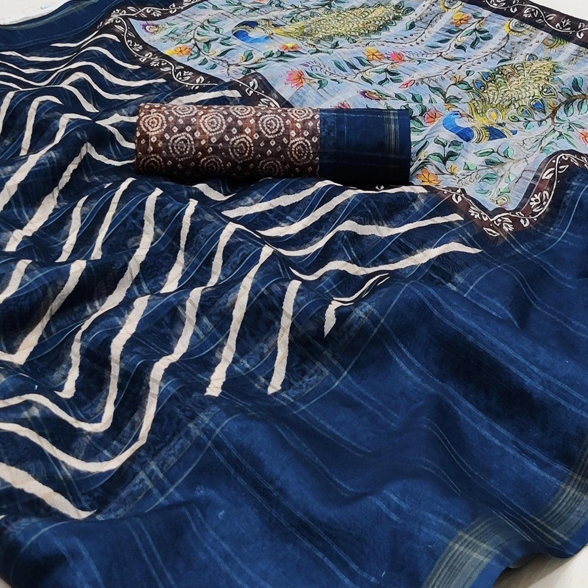 Navy Blue Casual Wear Digital Striped Printed Silk Saree With Jari Jacquard Border - Peachmode