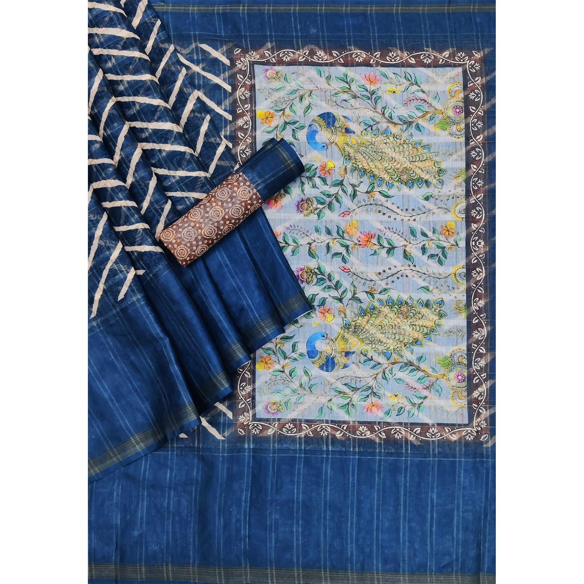Navy Blue Casual Wear Digital Striped Printed Silk Saree With Jari Jacquard Border - Peachmode