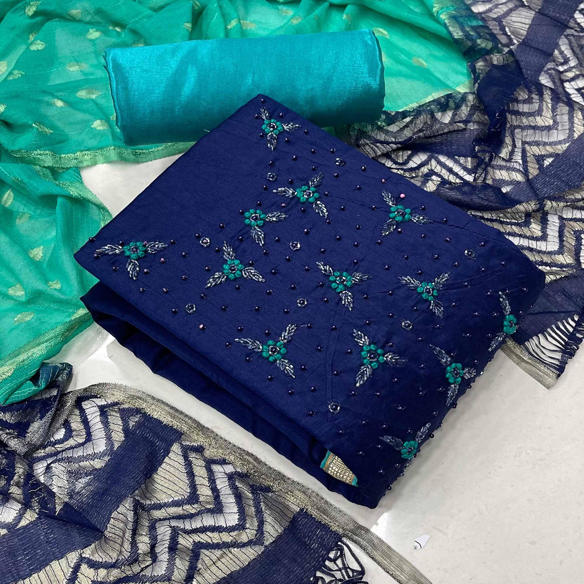 Navy Blue Casual Wear Embellished Modal Silk Dress Material - Peachmode