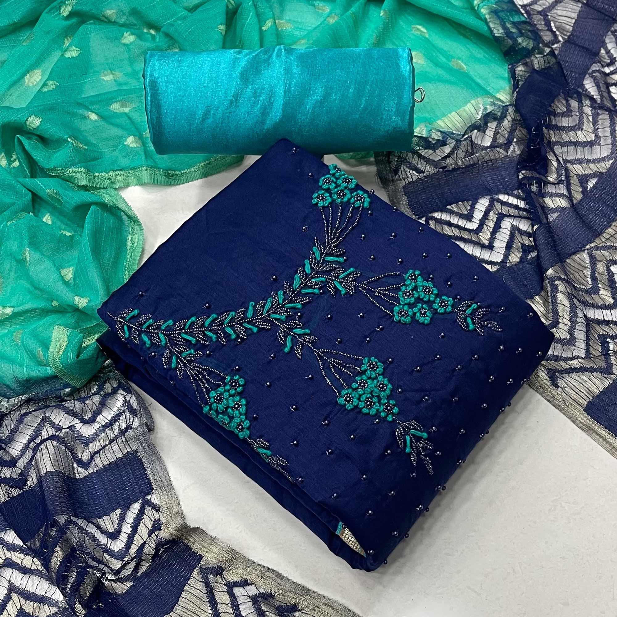 Navy Blue Casual Wear Embellished With Embroidered Modal Silk Dress Material - Peachmode