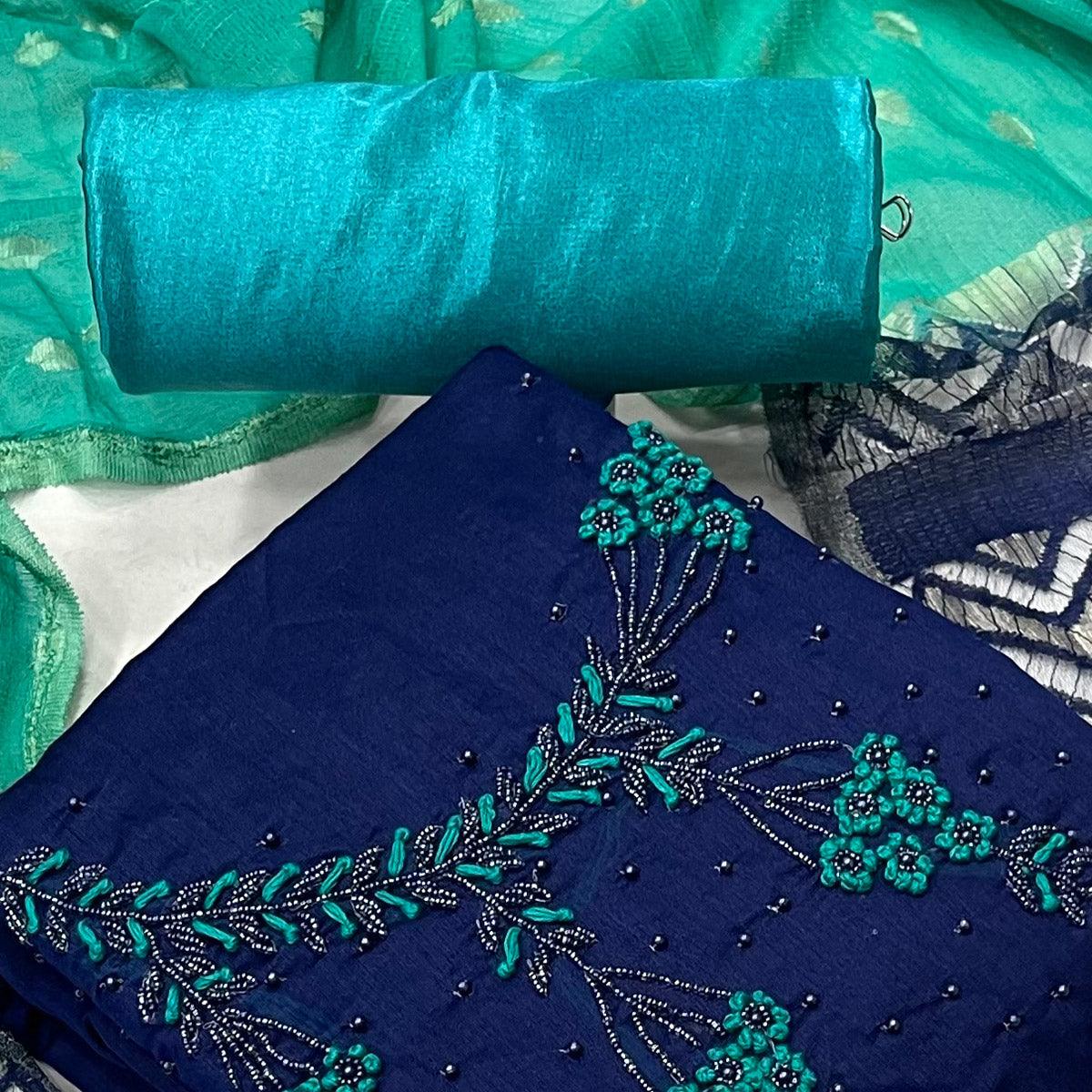 Navy Blue Casual Wear Embellished With Embroidered Modal Silk Dress Material - Peachmode
