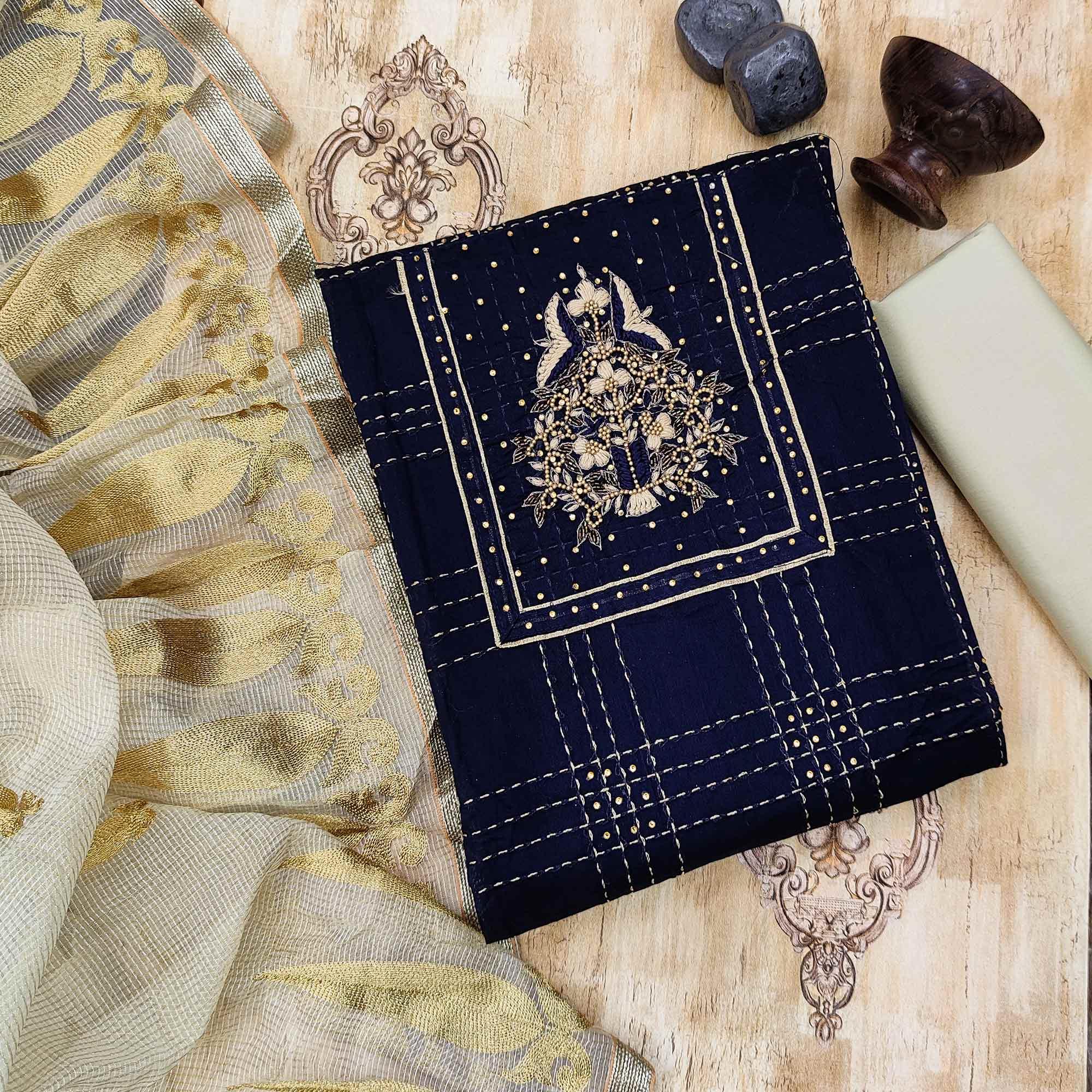Navy Blue Casual Wear Embroidered Chanderi Dress Material - Peachmode