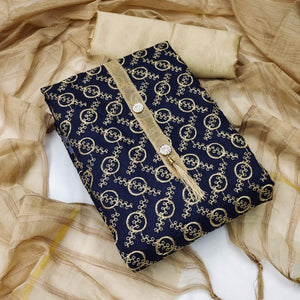 Navy Blue Casual Wear Embroidered Chanderi Dress Material - Peachmode