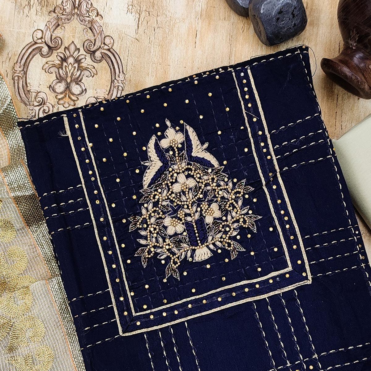 Navy Blue Casual Wear Embroidered Chanderi Dress Material - Peachmode
