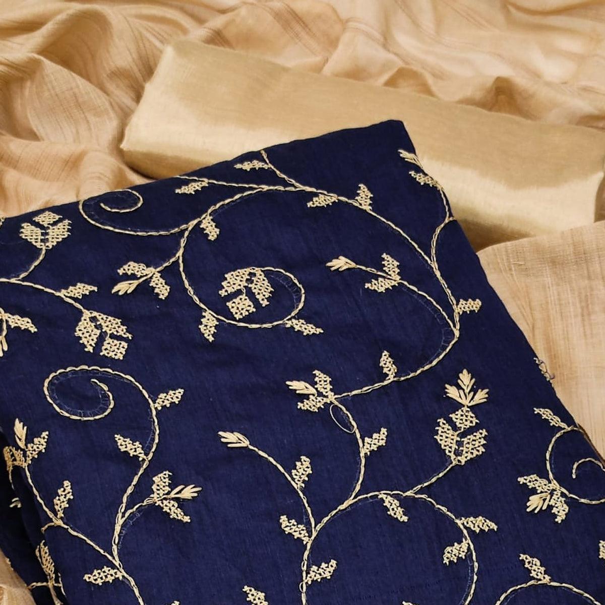 Navy Blue Casual Wear Embroidered Chanderi Dress Material - Peachmode