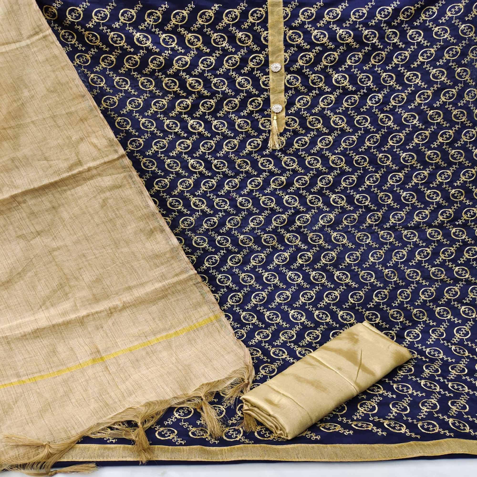 Navy Blue Casual Wear Embroidered Chanderi Dress Material - Peachmode