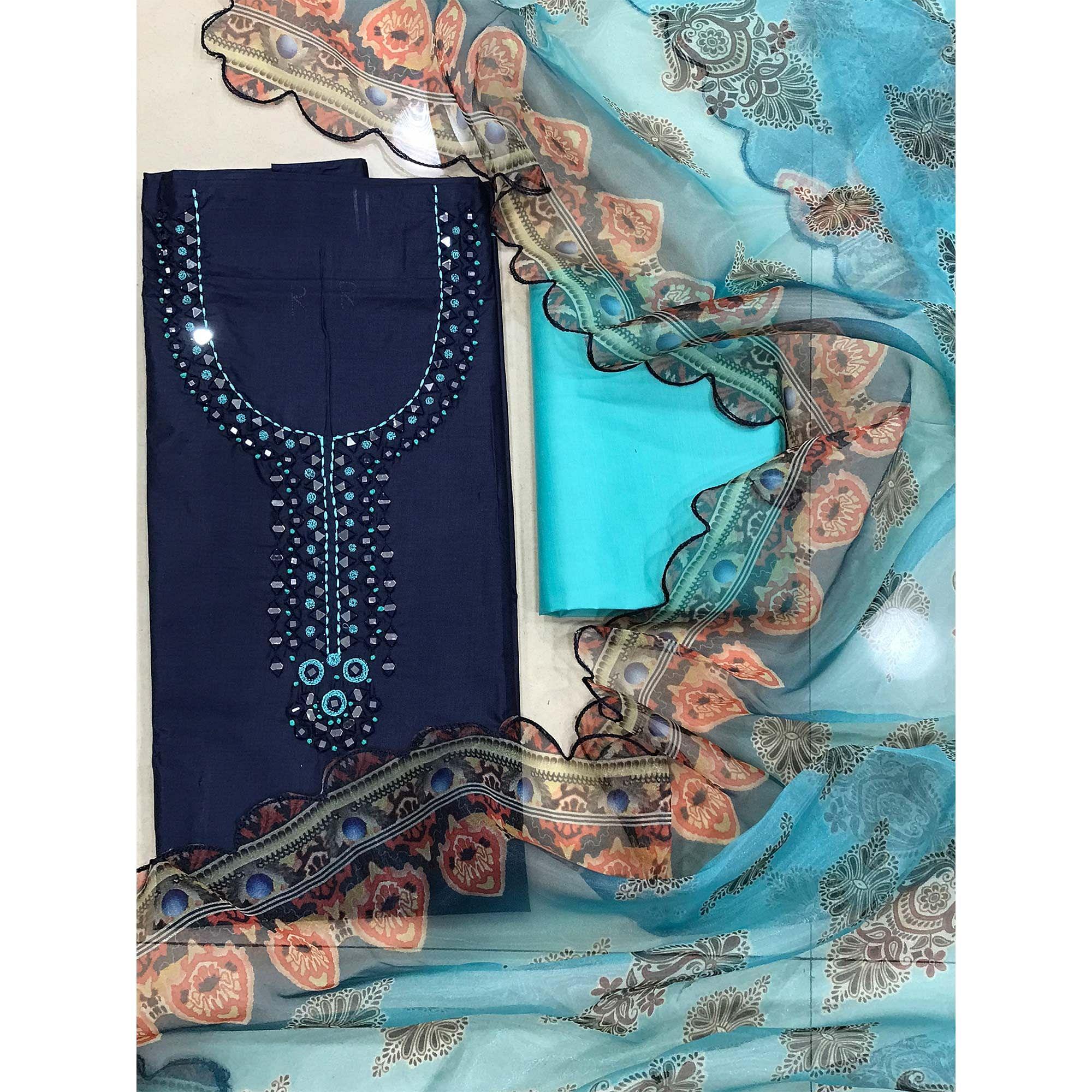 Navy Blue Casual Wear Embroidered Cotton Dress Material - Peachmode