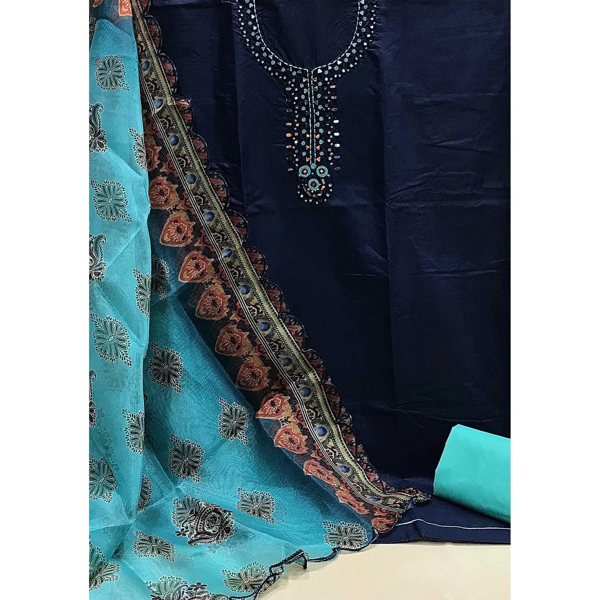Navy Blue Casual Wear Embroidered Cotton Dress Material - Peachmode