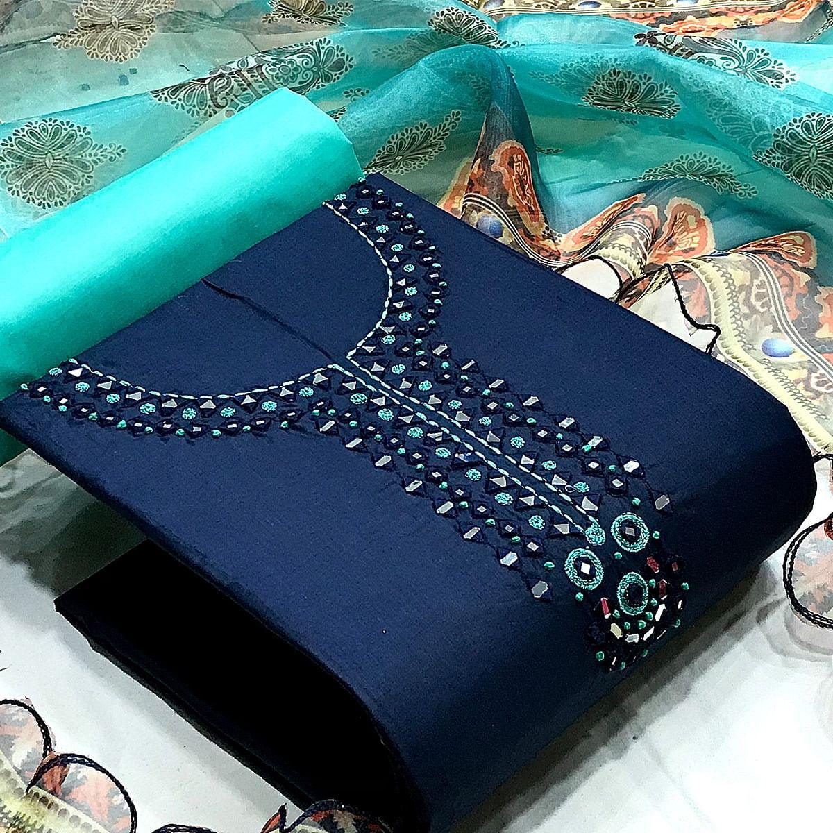 Navy Blue Casual Wear Embroidered Cotton Dress Material - Peachmode