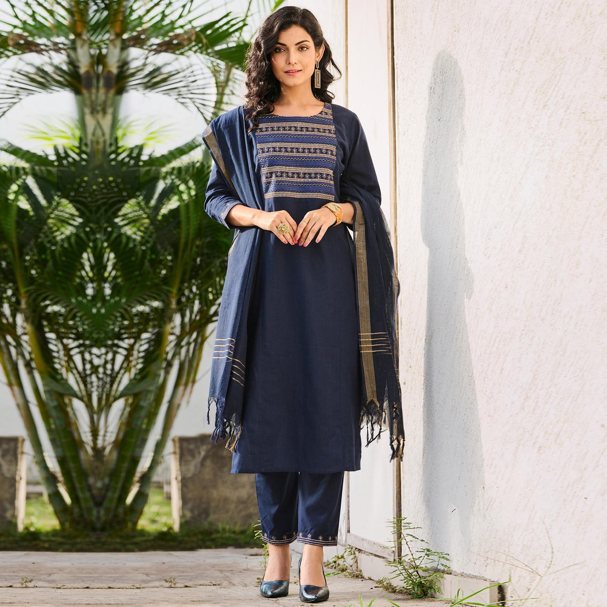Navy Blue Casual Wear Embroidered Cotton Kurti Pant Set With Dupatta - Peachmode