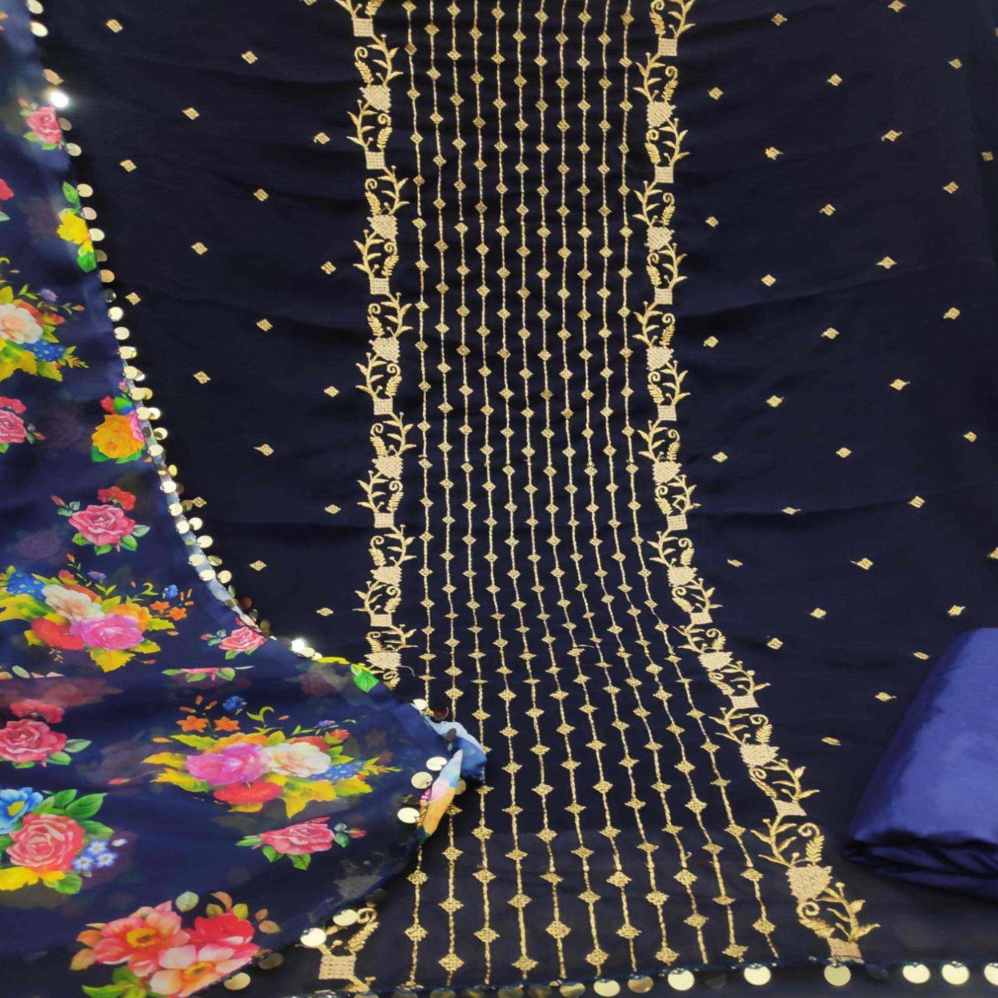 Navy Blue Casual Wear Embroidered Georgette Dress Material - Peachmode