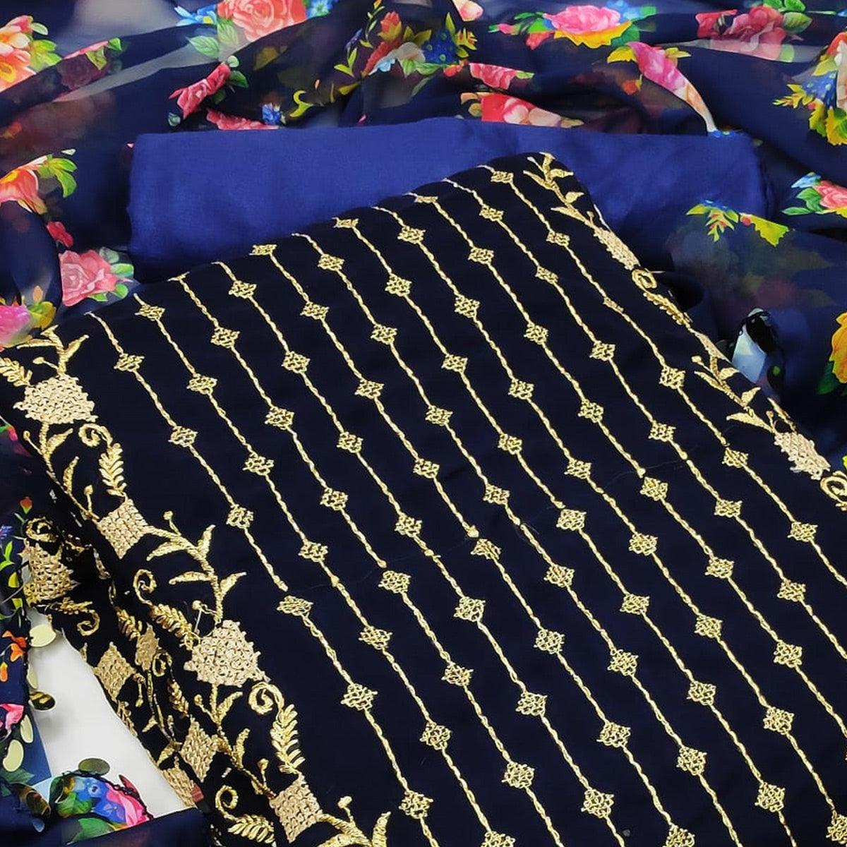 Navy Blue Casual Wear Embroidered Georgette Dress Material - Peachmode