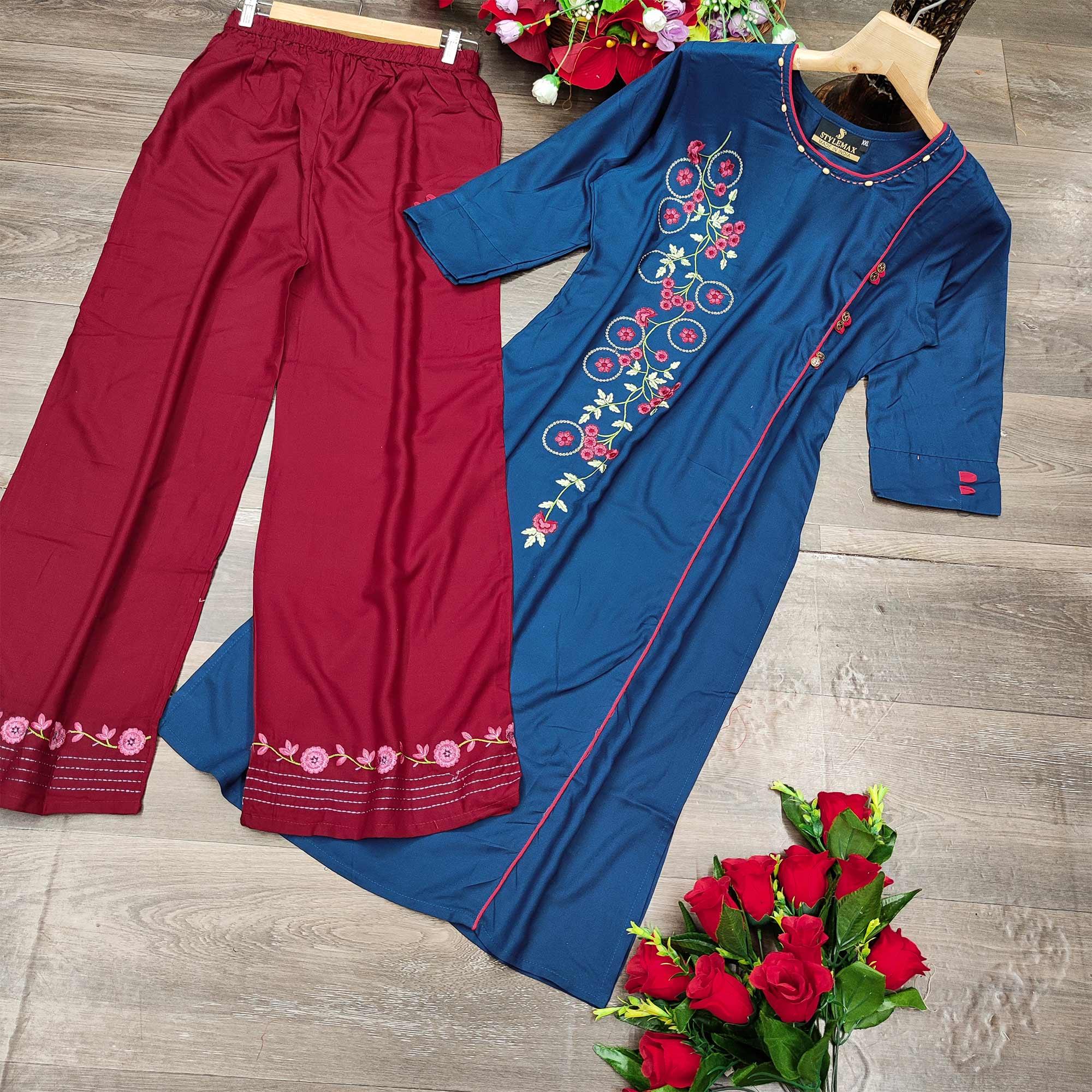 Navy Blue Casual Wear Embroidered Heavy Rayon Kurti - Palazzo Set - Peachmode