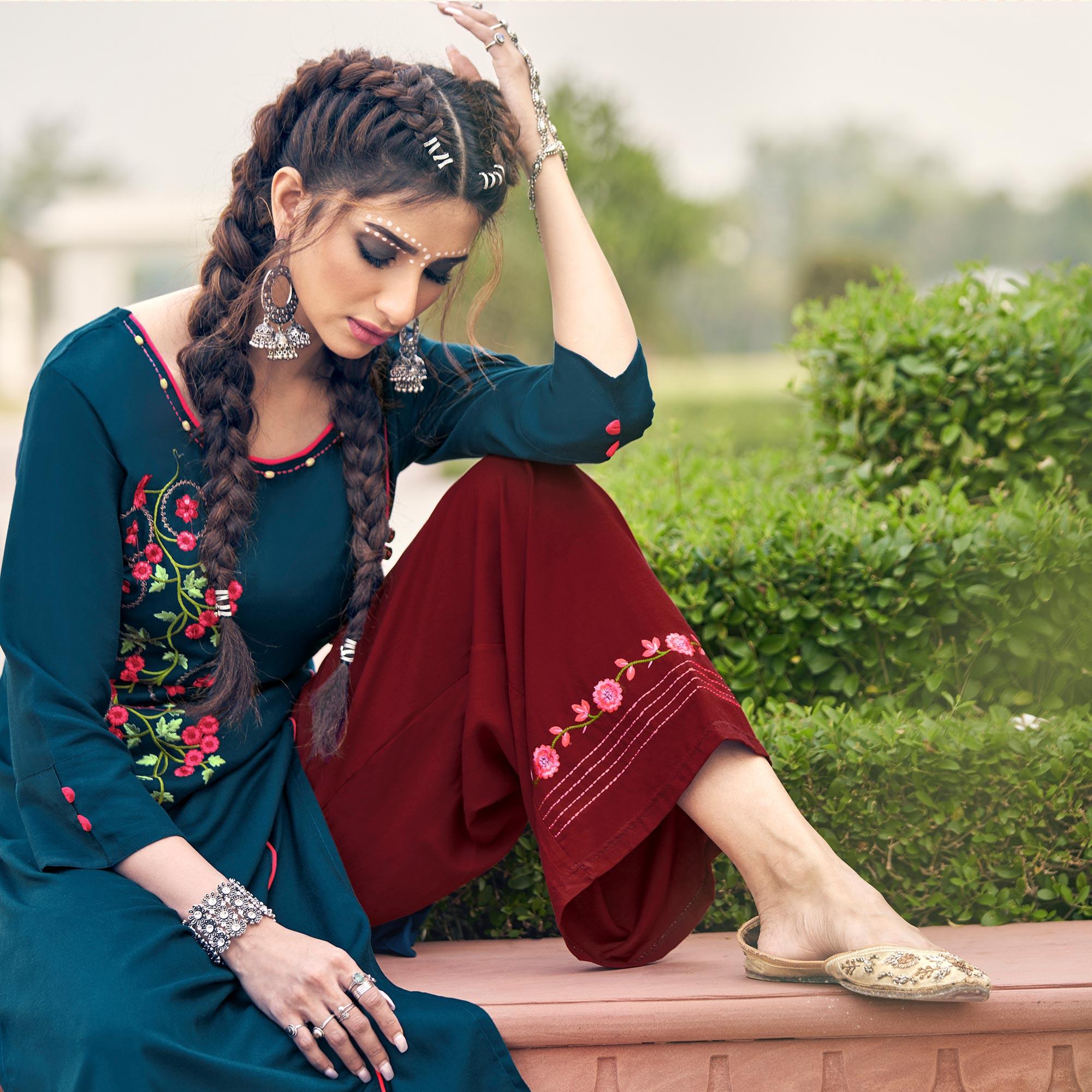 Navy Blue Casual Wear Embroidered Heavy Rayon Kurti - Palazzo Set - Peachmode