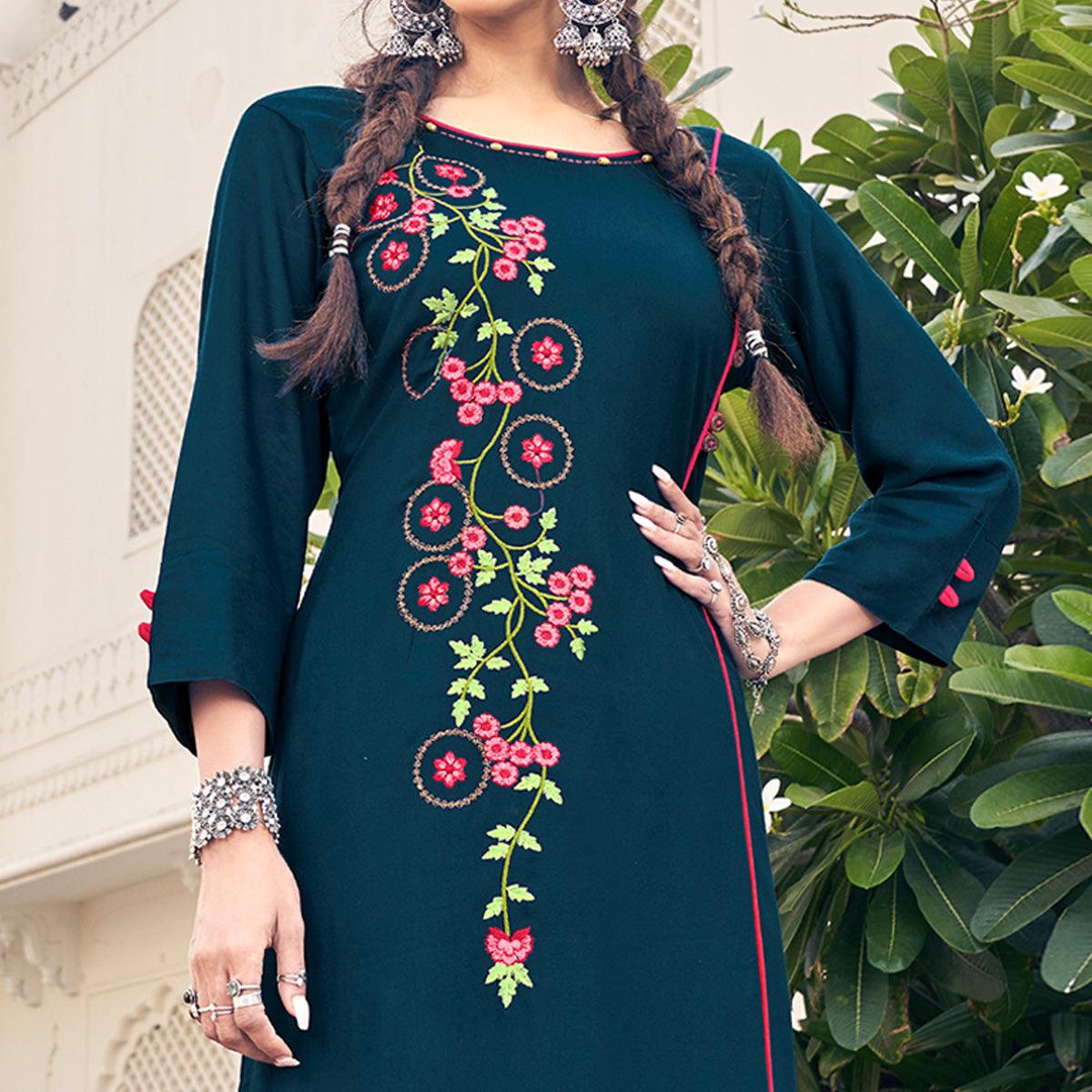Navy Blue Casual Wear Embroidered Heavy Rayon Kurti - Palazzo Set - Peachmode