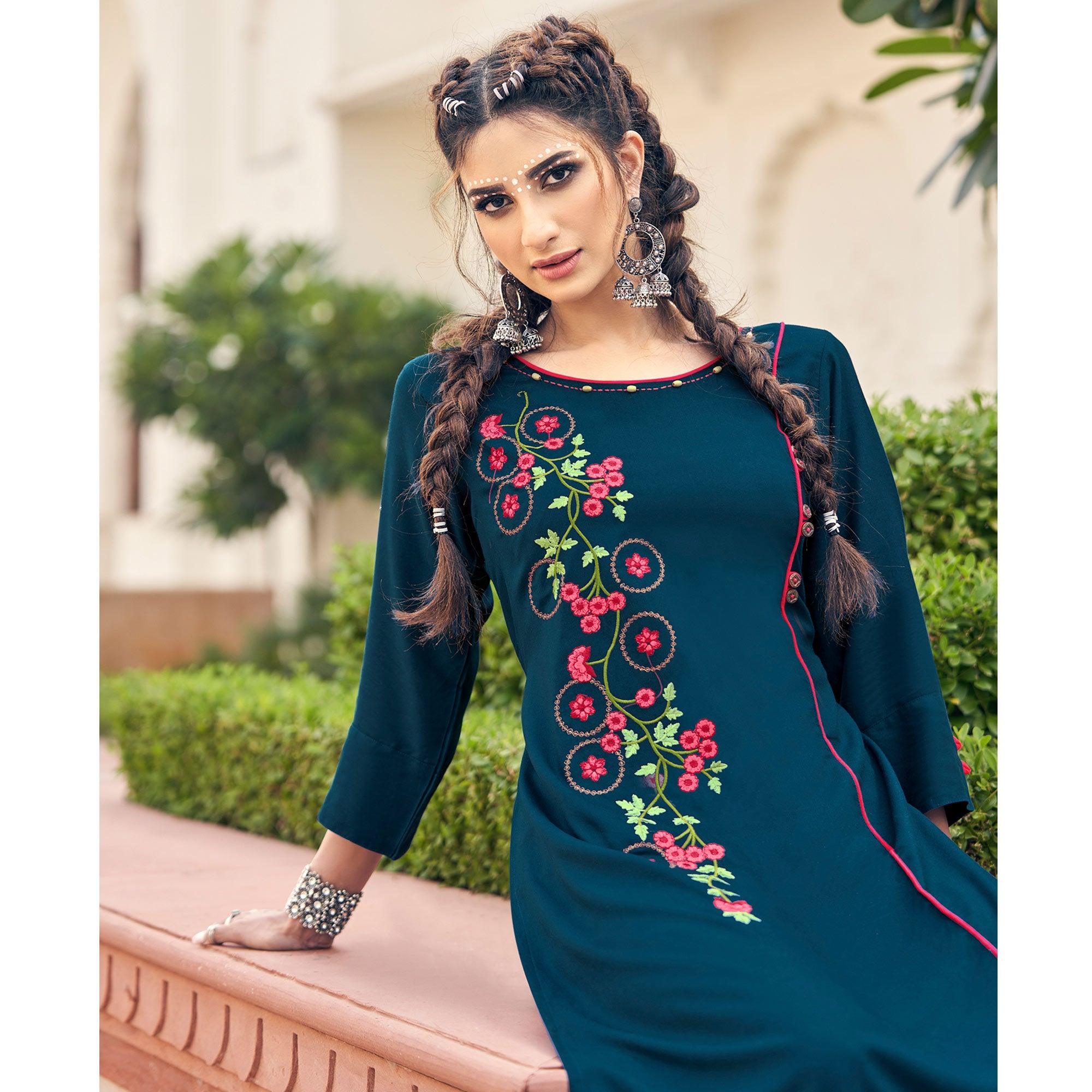 Navy Blue Casual Wear Embroidered Heavy Rayon Kurti - Palazzo Set - Peachmode