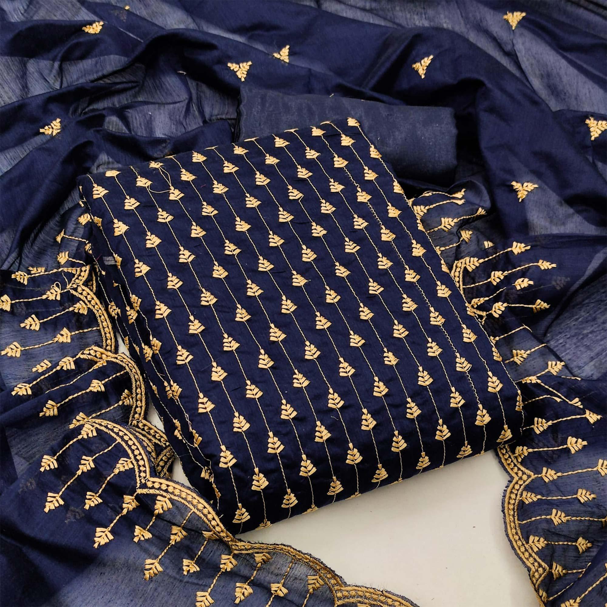Navy Blue Casual Wear Embroidered Modal Chanderi Dress Material - Peachmode