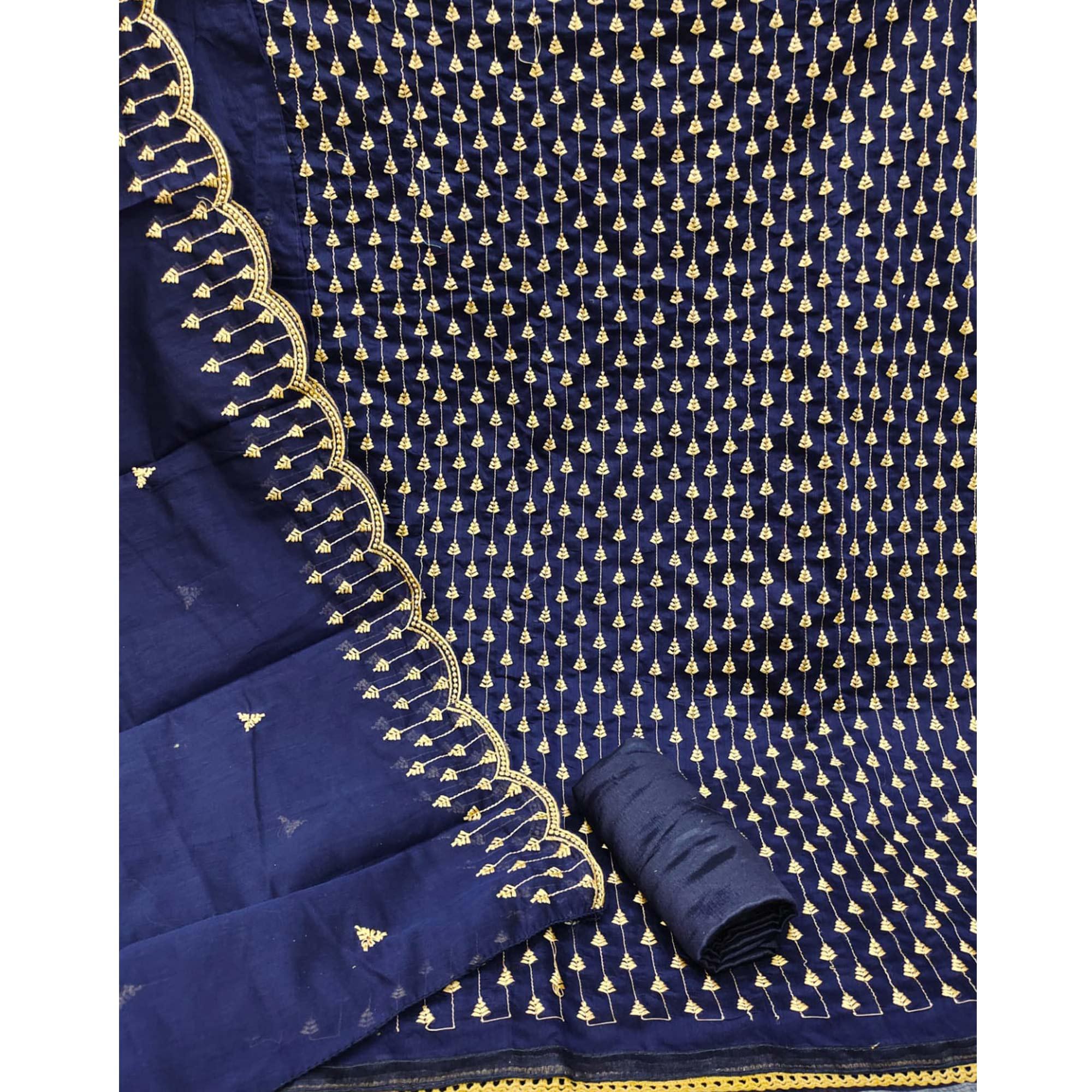Navy Blue Casual Wear Embroidered Modal Chanderi Dress Material - Peachmode