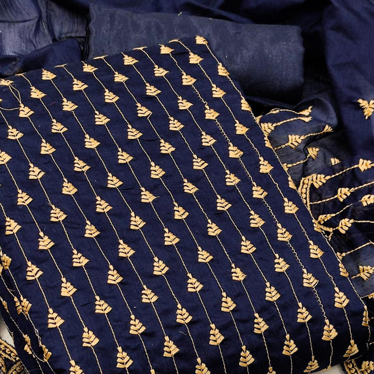 Navy Blue Casual Wear Embroidered Modal Chanderi Dress Material - Peachmode