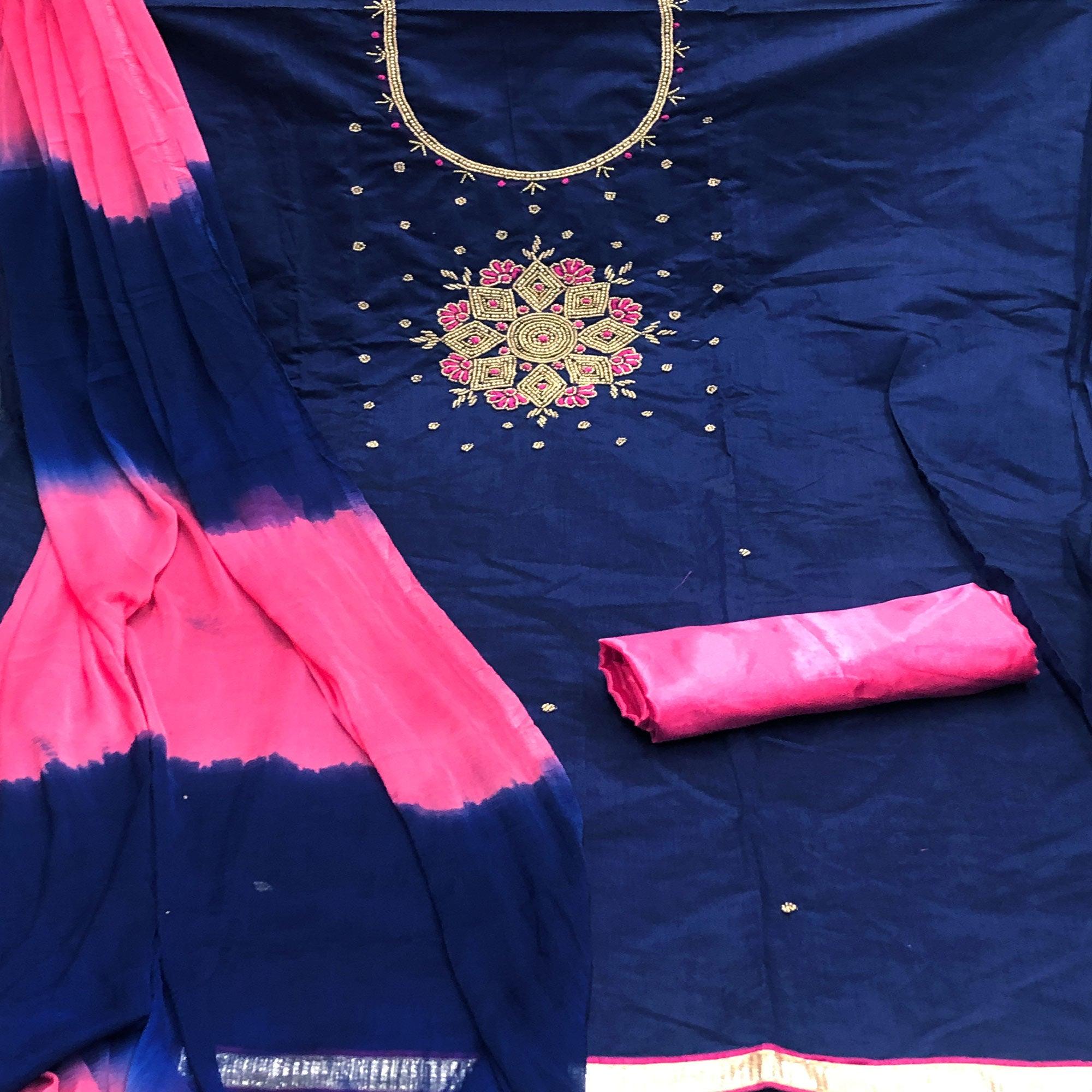 Navy Blue Casual Wear Embroidered Modal Dress Material - Peachmode