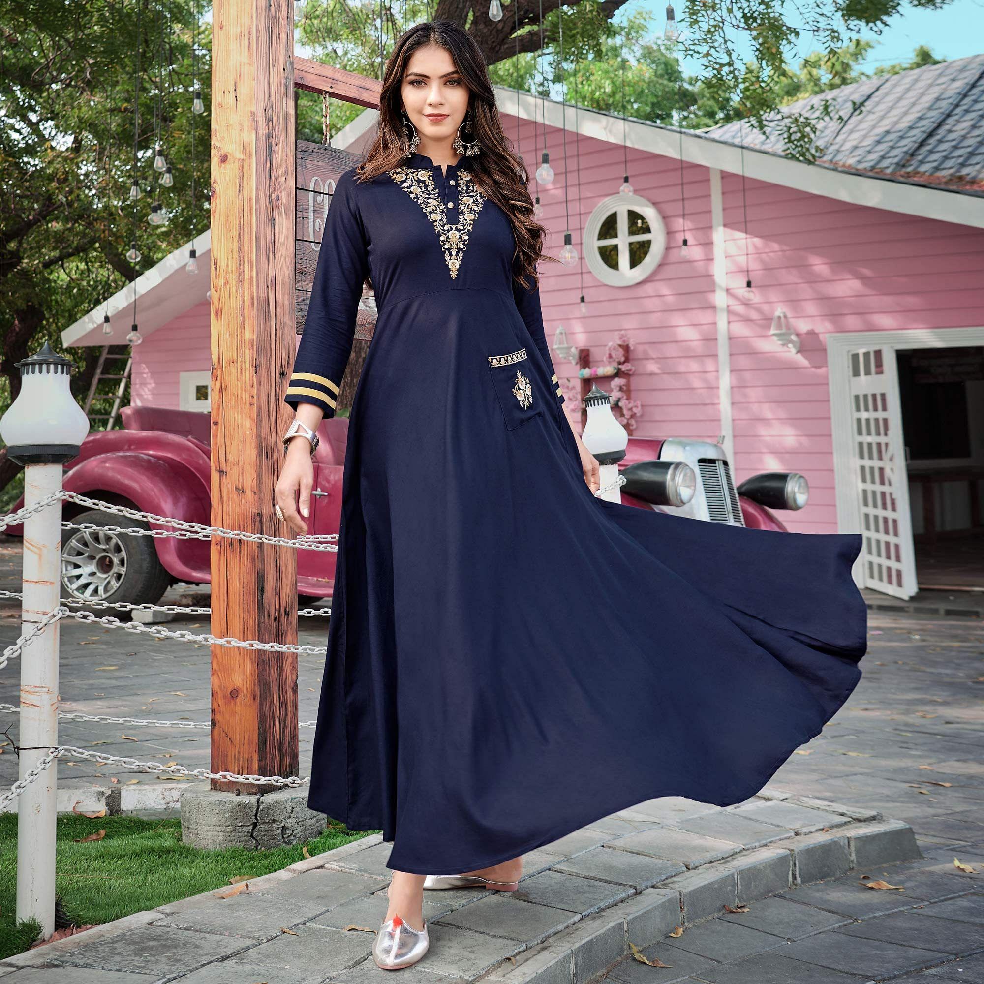 Navy Blue Casual Wear Embroidered Rayon Gown - Peachmode