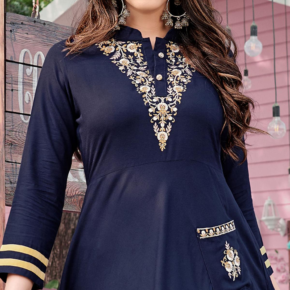 Navy Blue Casual Wear Embroidered Rayon Gown - Peachmode