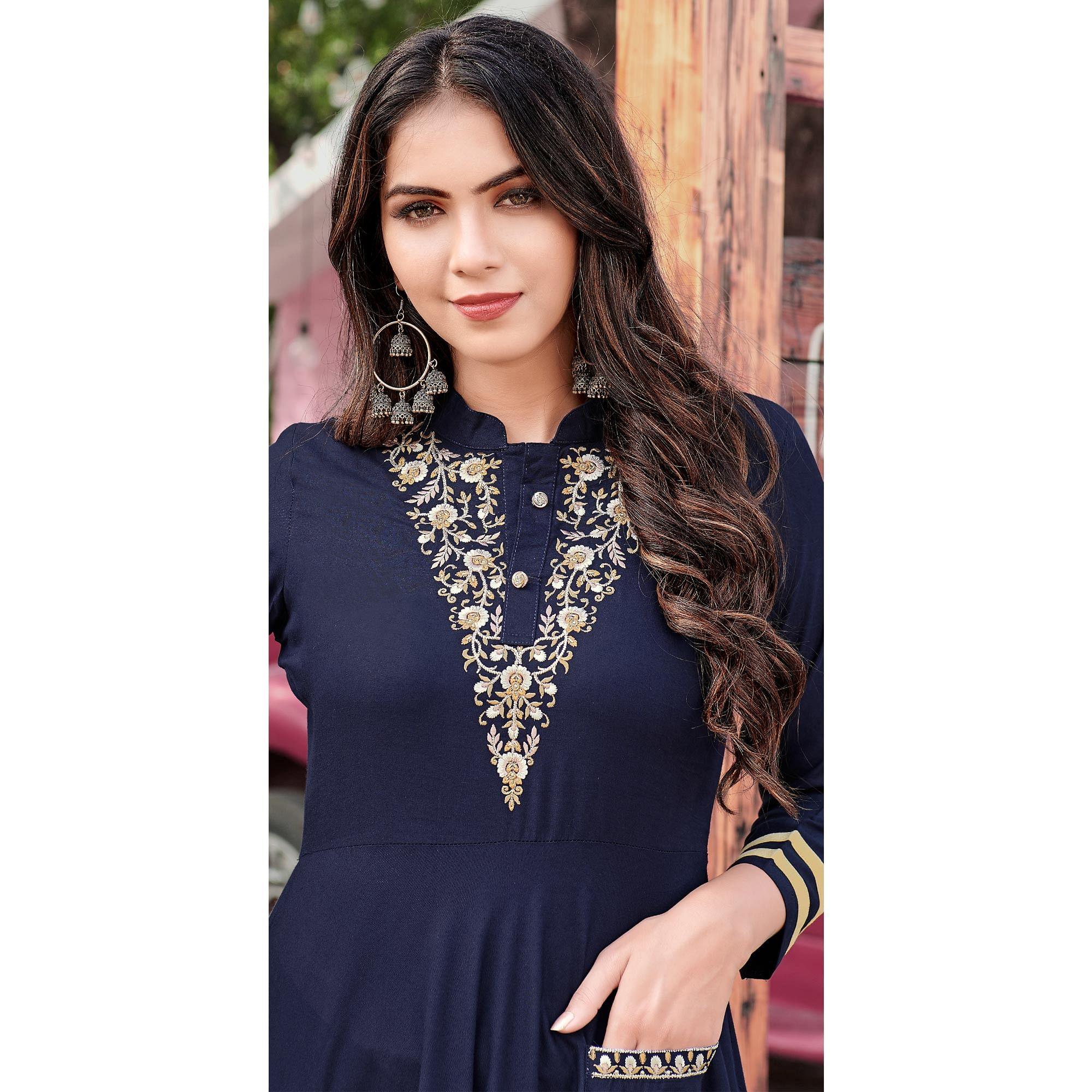 Navy Blue Casual Wear Embroidered Rayon Gown - Peachmode
